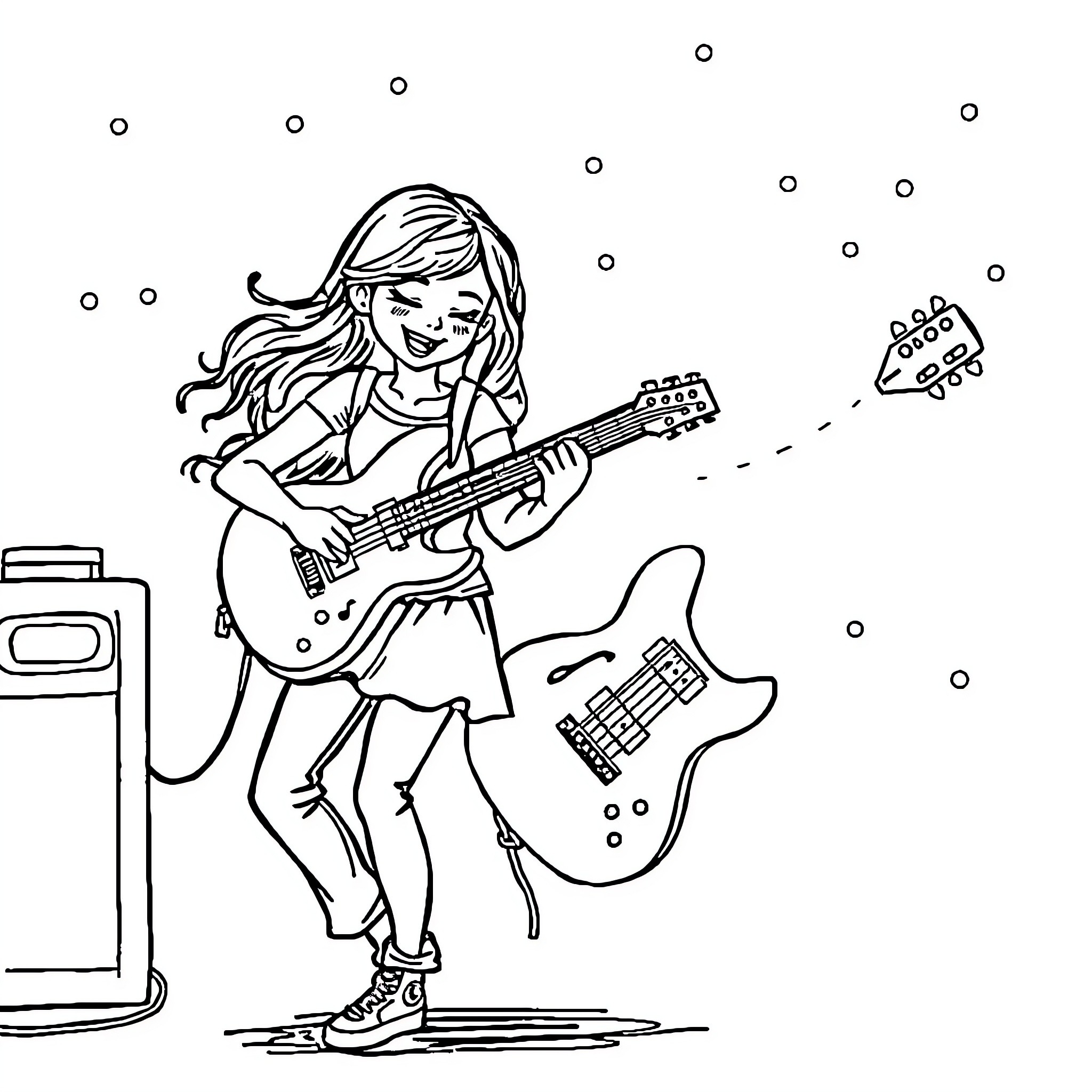 Chica rocking out with her guitar Coloring Page (free black-and-white line drawing printable PDF for all, from beginners to advanced learners, including children, teens, adults, and seniors)