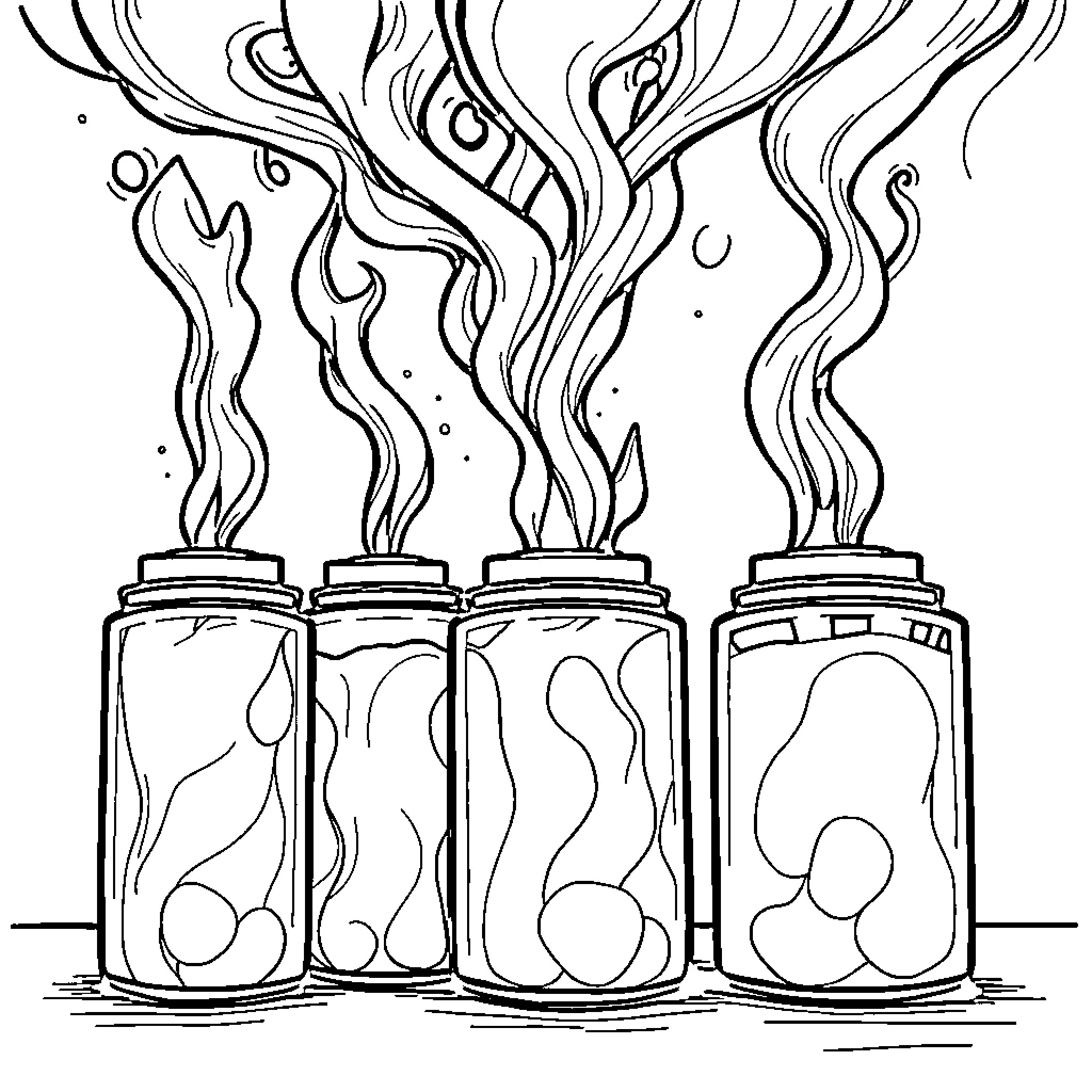 Fuel Cans Releasing Smoky Fumes Coloring Page (free black-and-white line drawing printable PDF for all, from beginners to advanced learners, including children, teens, adults, and seniors)