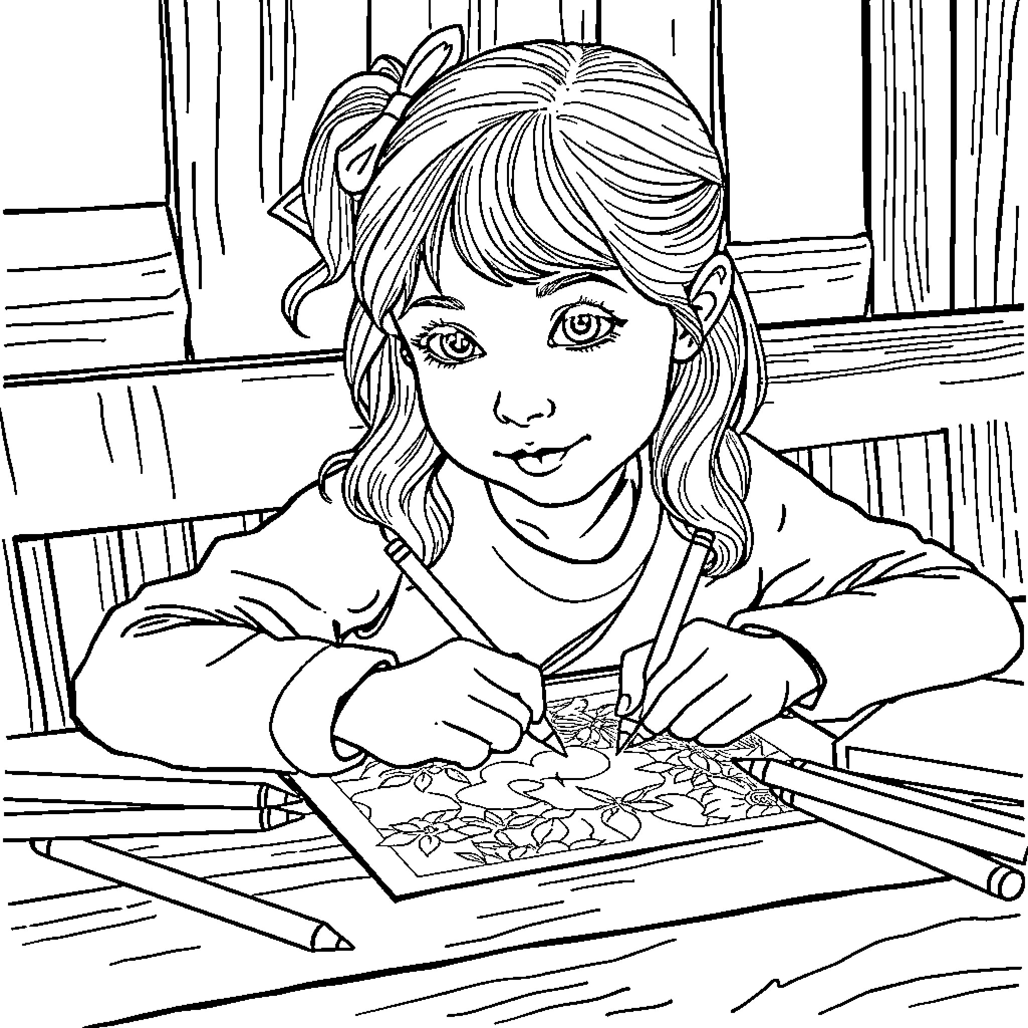 Girl creating a drawing with coloring pencils Coloring Page (free black-and-white line drawing printable PDF for all, from beginners to advanced learners, including children, teens, adults, and seniors)