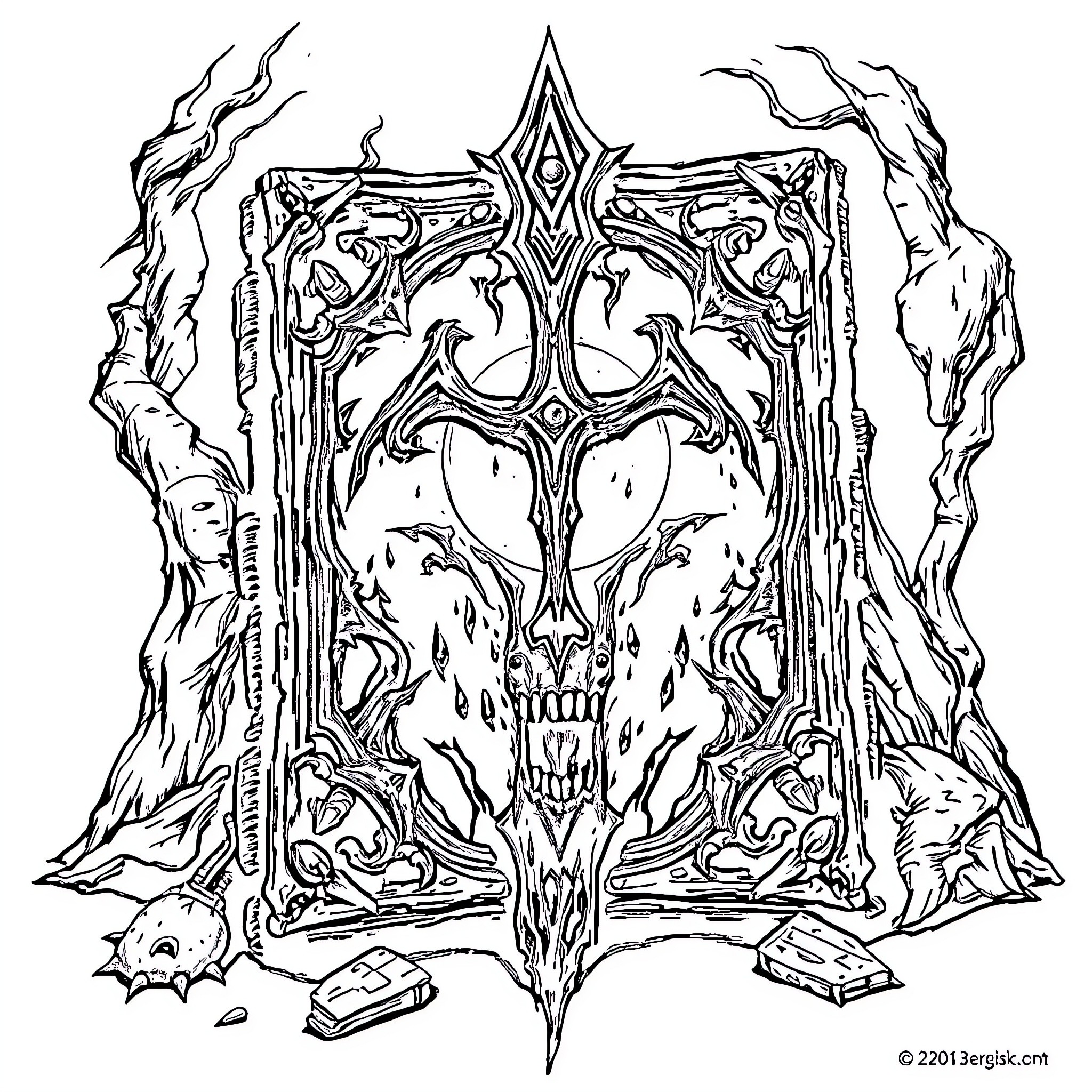 Necronomicon: Demonic Tome of Arcane Power Coloring Page (free black-and-white line drawing printable PDF for all, from beginners to advanced learners, including children, teens, adults, and seniors)