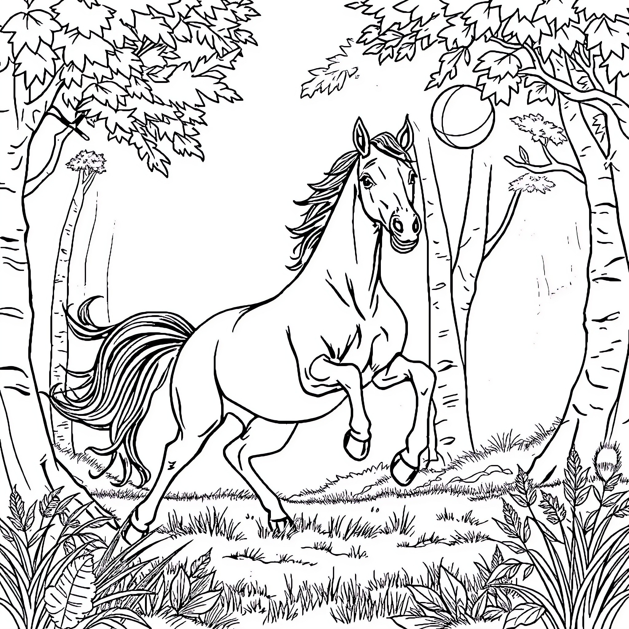 Caballo galloping freely in the enchanted forest Coloring Page (free black-and-white line drawing printable PDF for all, from beginners to advanced learners, including children, teens, adults, and seniors)