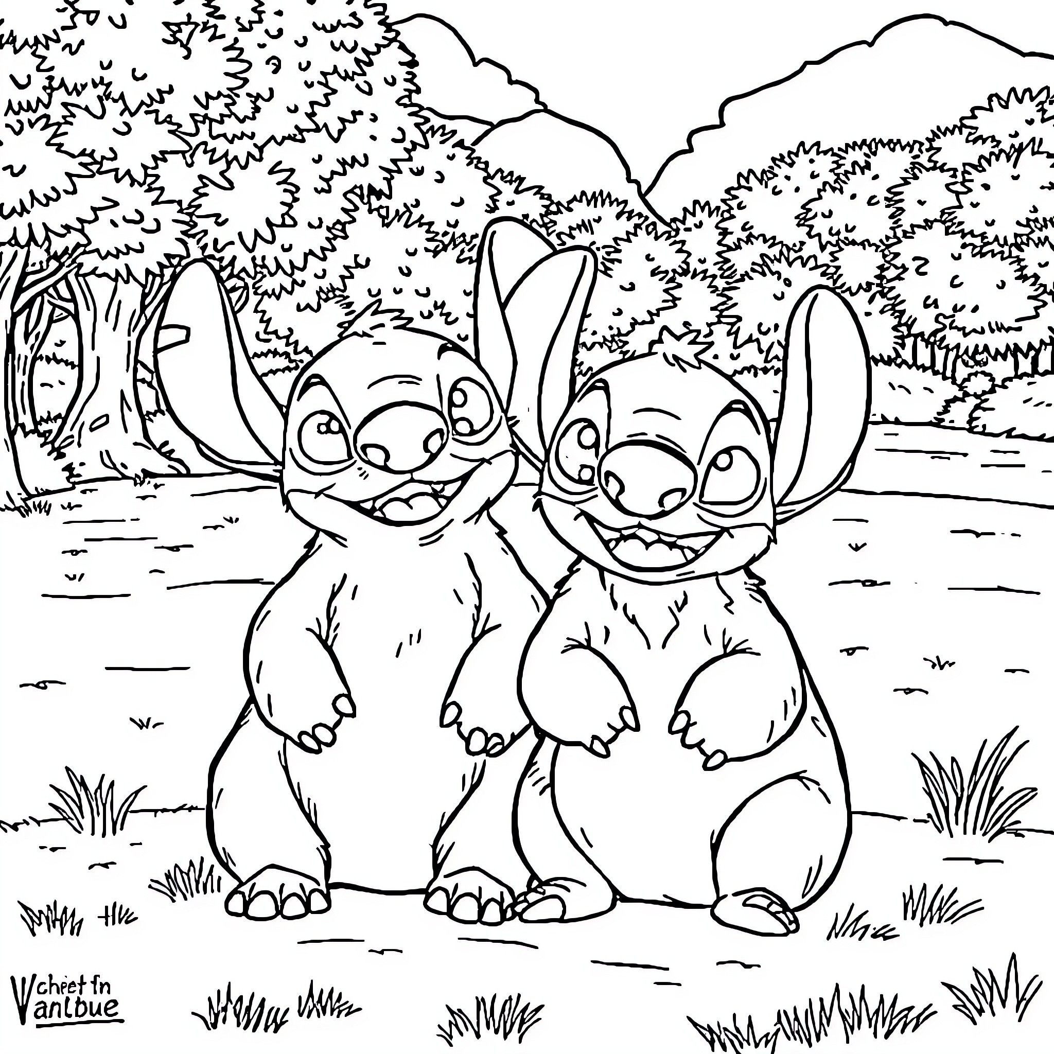 Capybara companions in a whimsical landscape Coloring Page (free black-and-white line drawing printable PDF for all, from beginners to advanced learners, including children, teens, adults, and seniors)