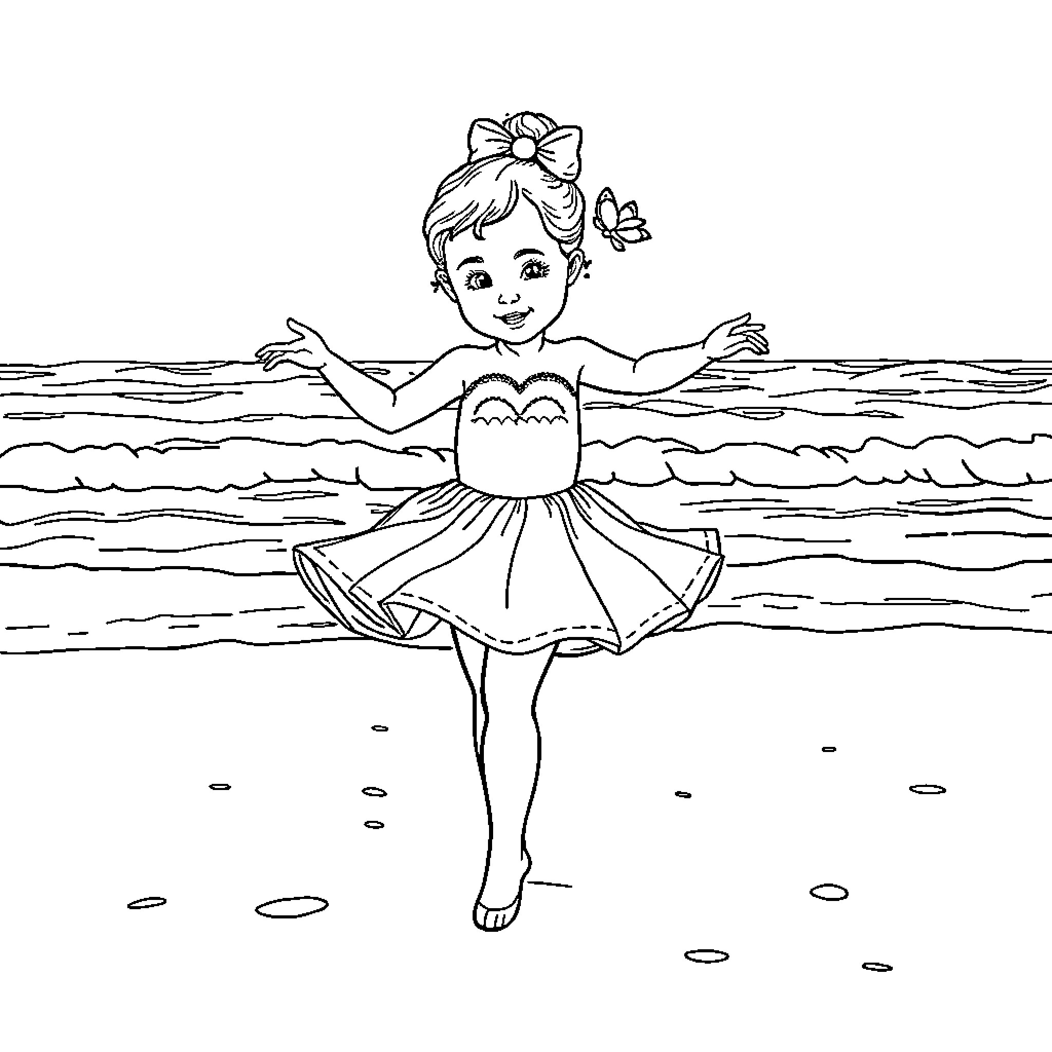 Ballerina dancing joyfully in the ocean Coloring Page (free black-and-white line drawing printable PDF for all, from beginners to advanced learners, including children, teens, adults, and seniors)
