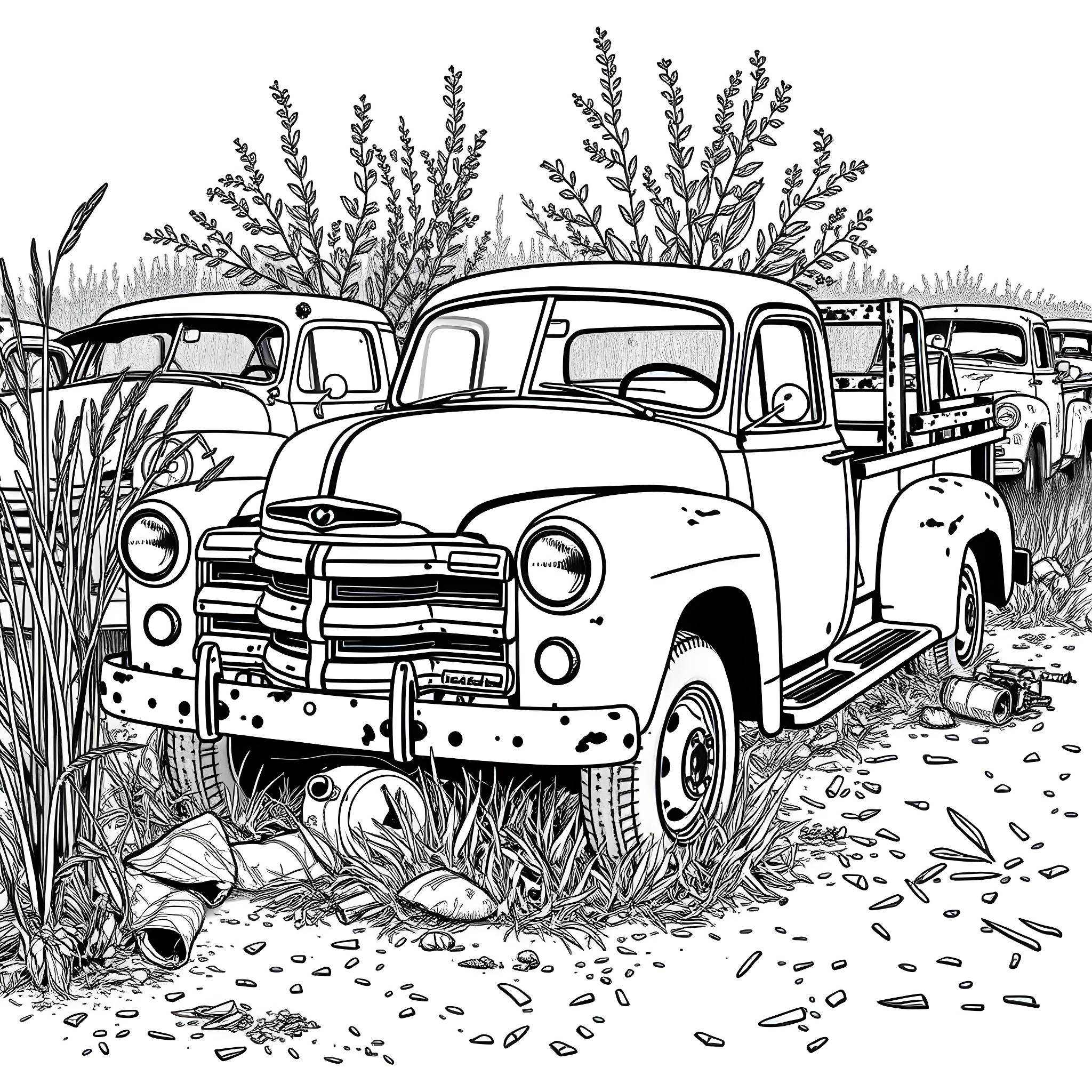 Pickup trucks among overgrown vegetation Coloring Page (free black-and-white line drawing printable PDF for all, from beginners to advanced learners, including children, teens, adults, and seniors)
