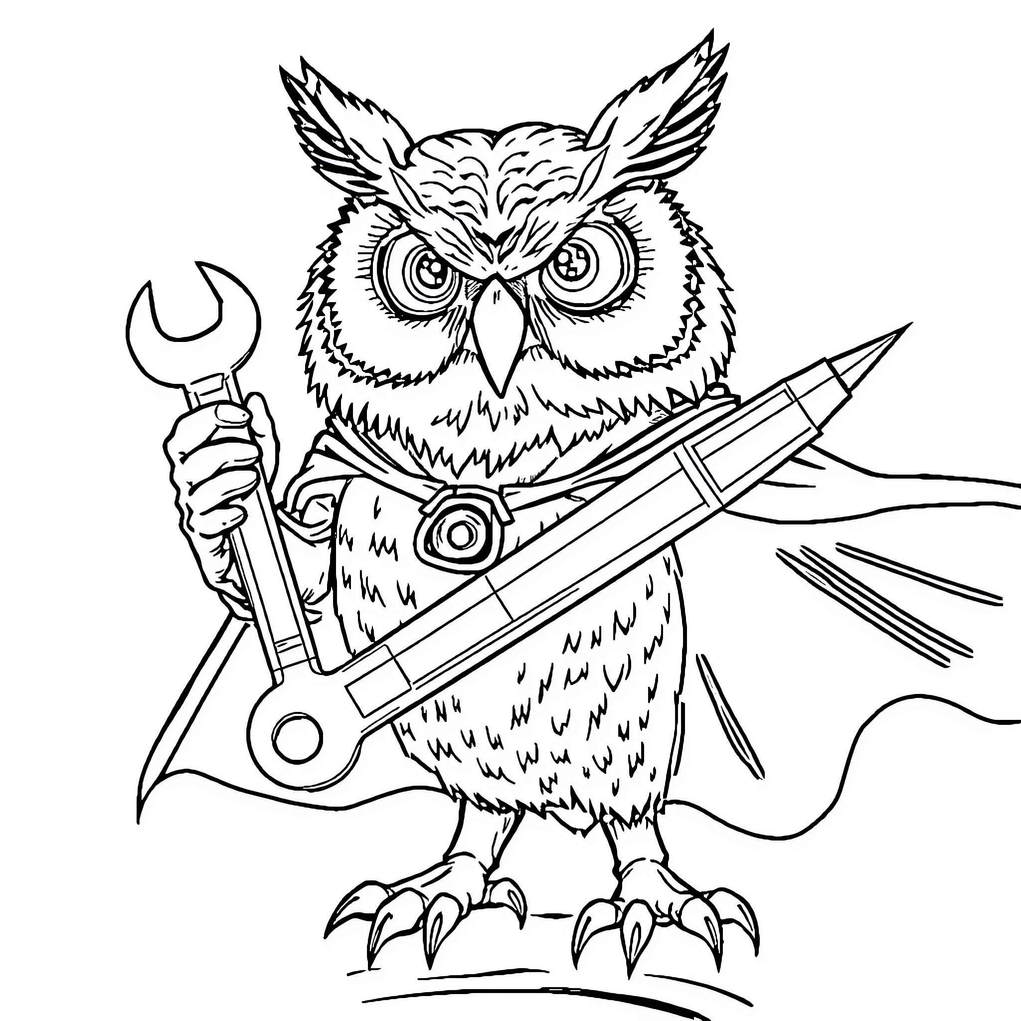 Owl mechanic with tools and equipment Coloring Page (free black-and-white line drawing printable PDF for all, from beginners to advanced learners, including children, teens, adults, and seniors)