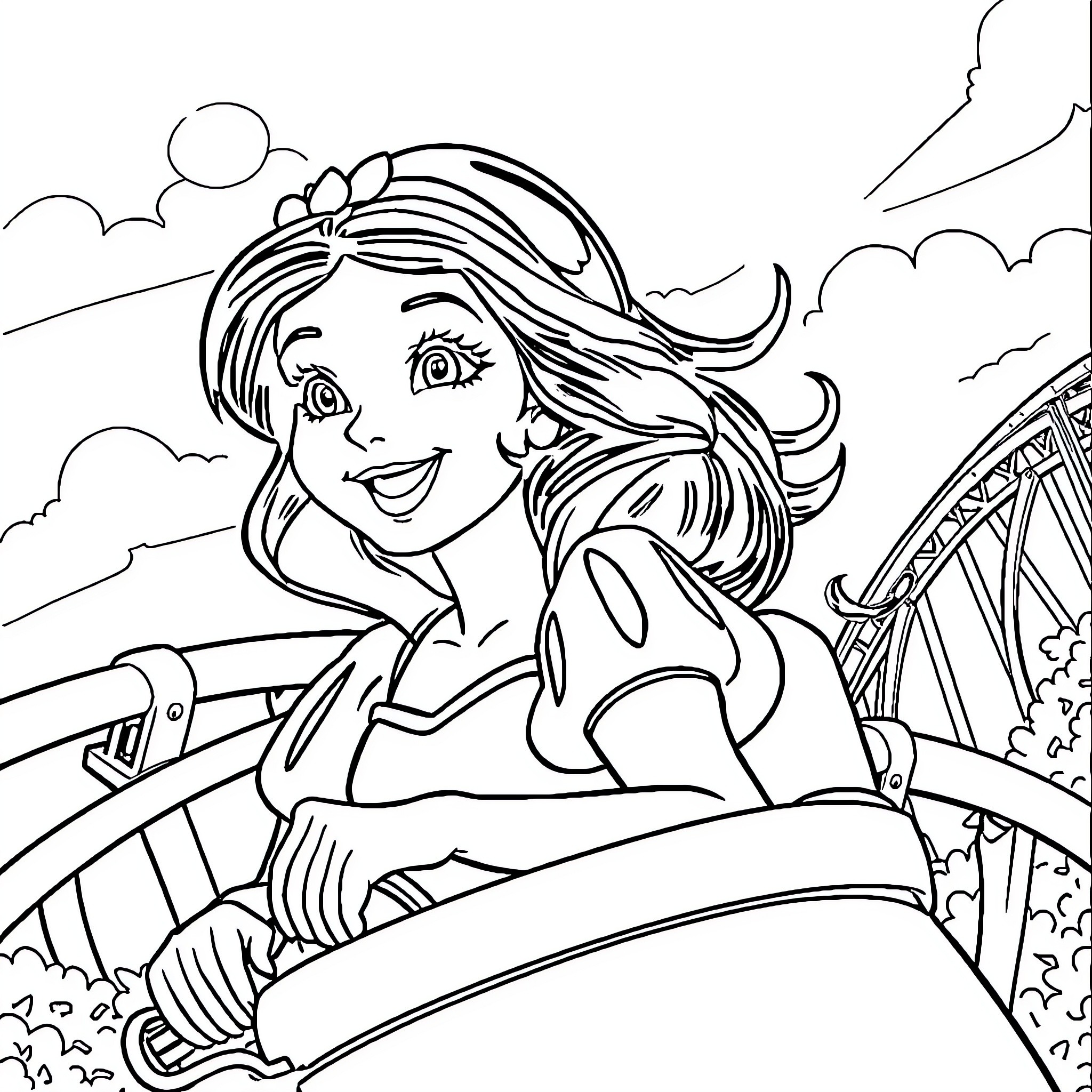 Snow White enjoying a joyful ride on a ferris wheel Coloring Page (free black-and-white line drawing printable PDF for all, from beginners to advanced learners, including children, teens, adults, and seniors)
