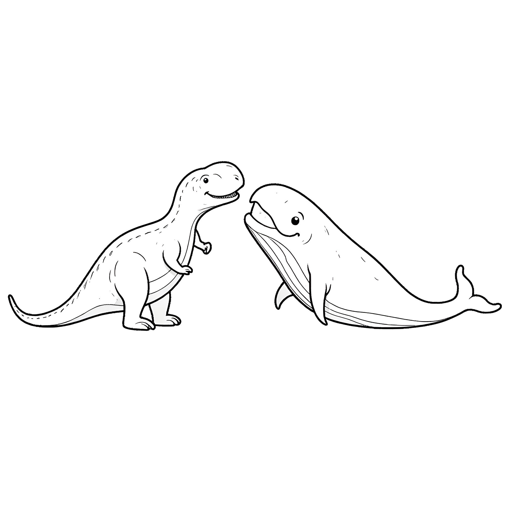Dinosaurs interacting playfully Coloring Page (free black-and-white line drawing printable PDF for all, from beginners to advanced learners, including children, teens, adults, and seniors)