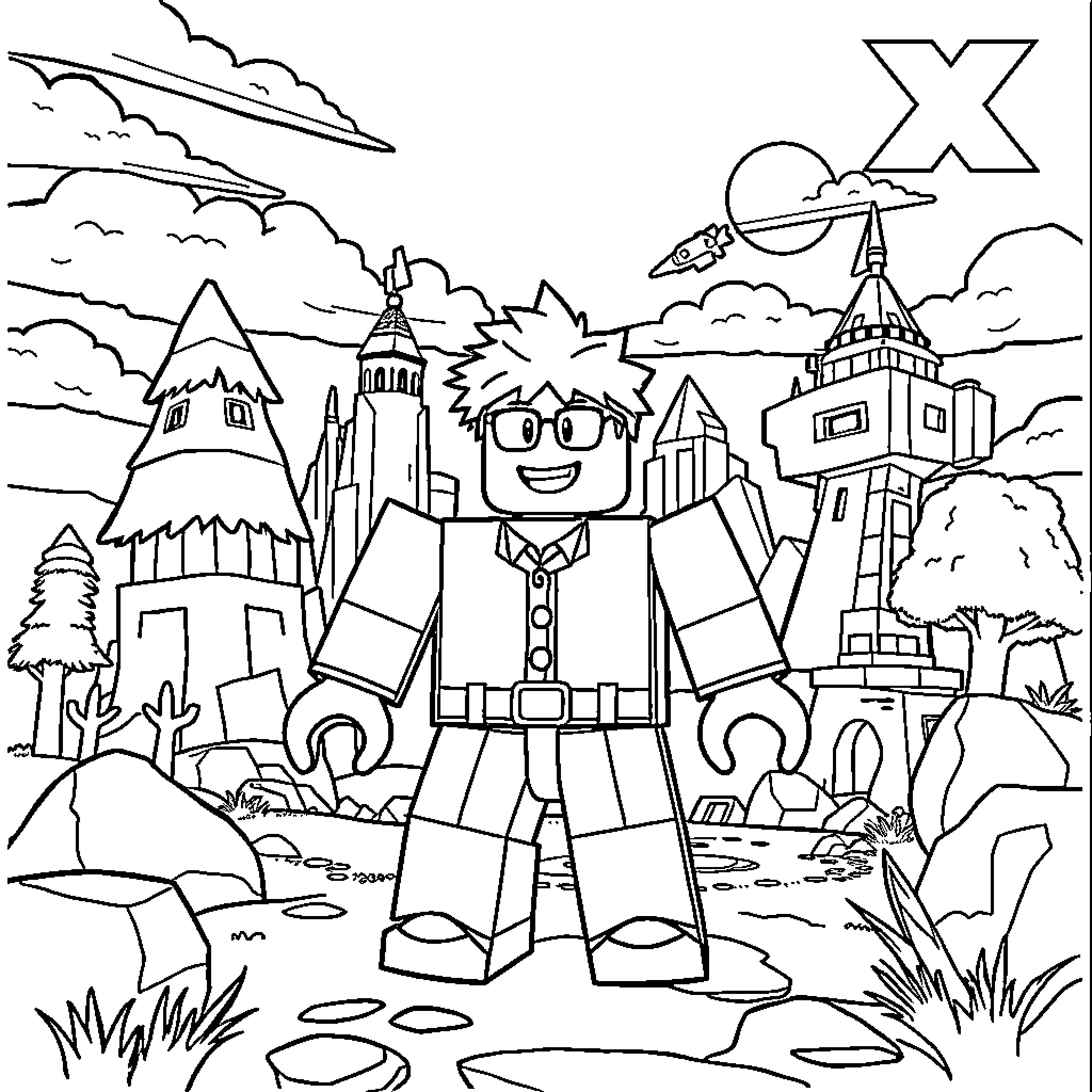 Roblox character exploring a fantasy world Coloring Page (free black-and-white line drawing printable PDF for all, from beginners to advanced learners, including children, teens, adults, and seniors)