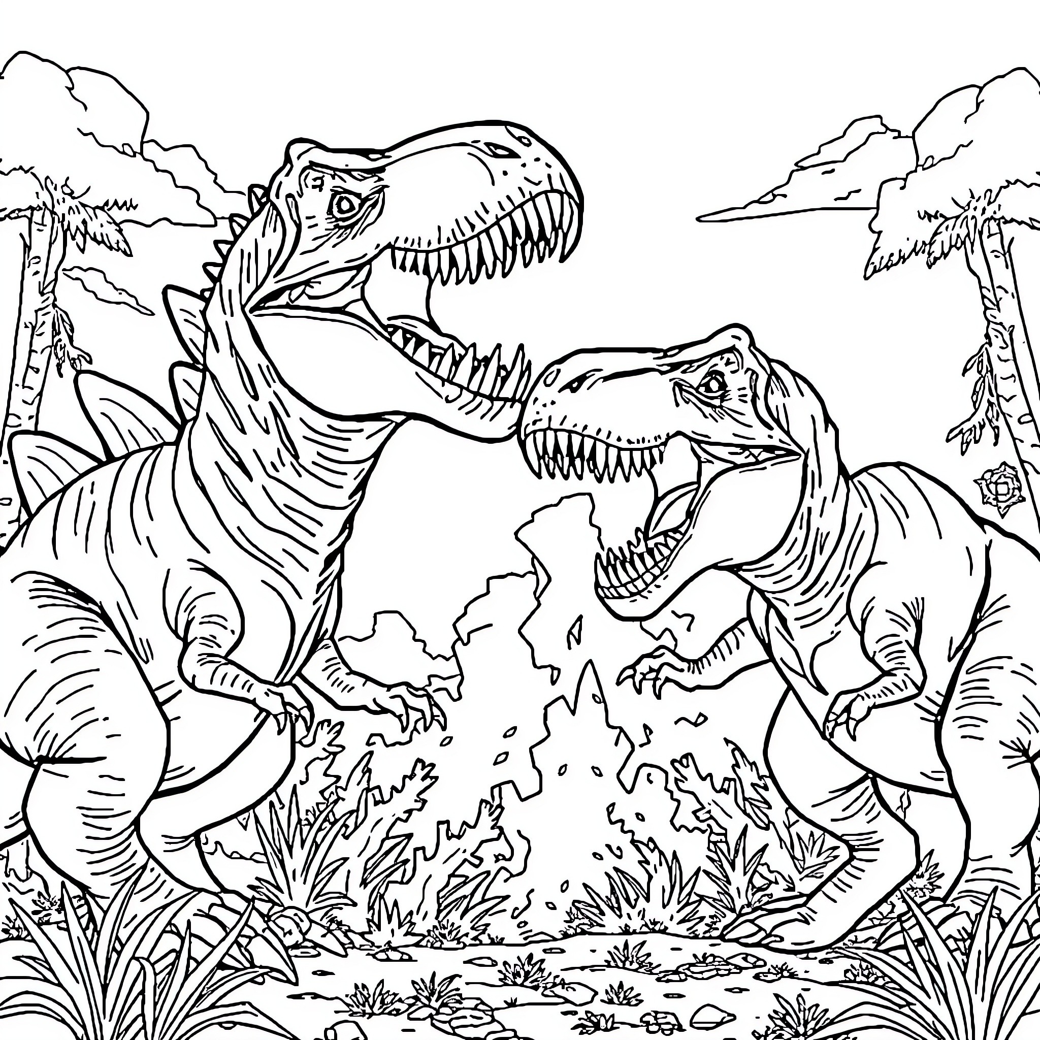 Dinosaurs Fiercely Battling in a Prehistoric Landscape Coloring Page (free black-and-white line drawing printable PDF for all, from beginners to advanced learners, including children, teens, adults, and seniors)