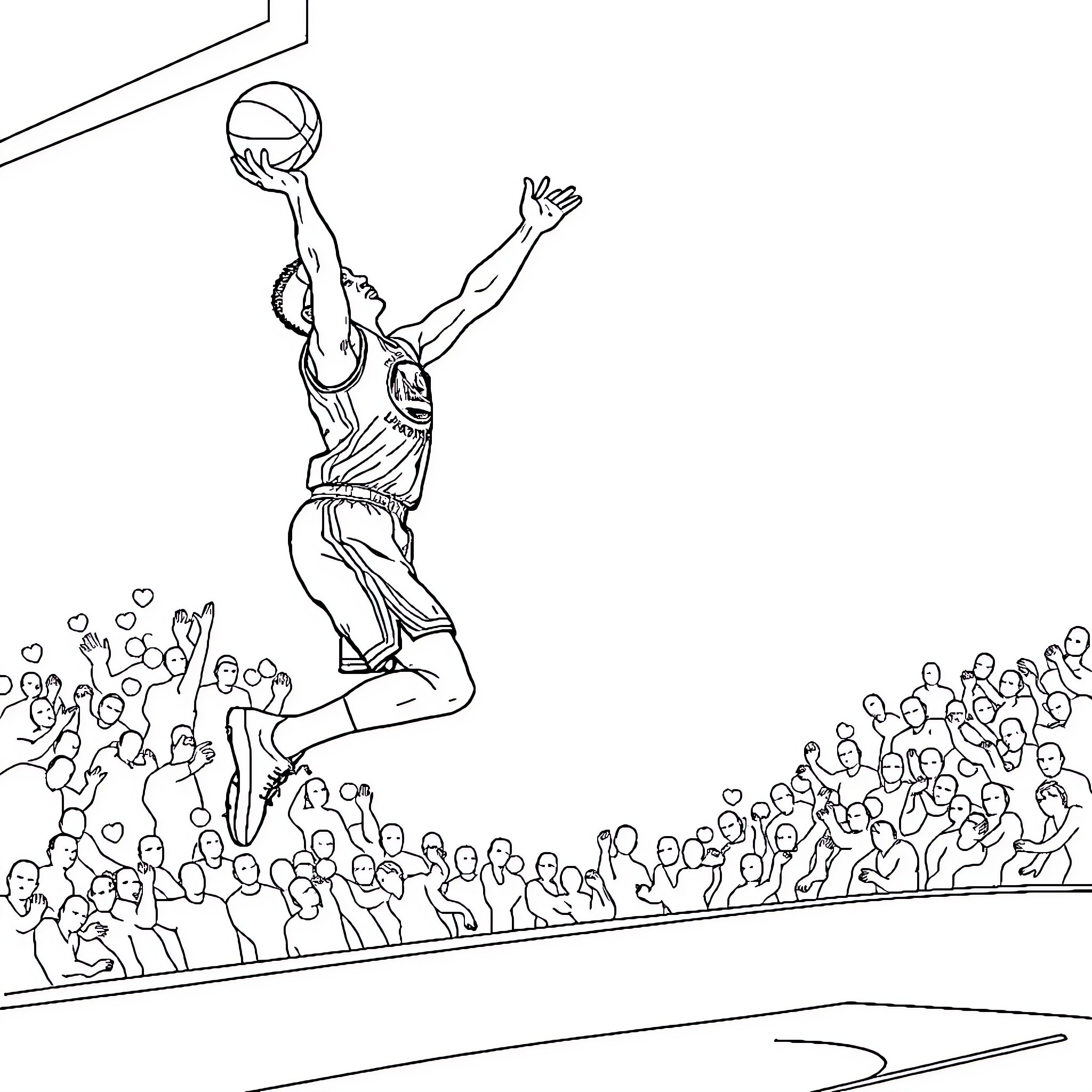 Stephen Curry's Soaring Slam Dunk Thrills the Crowd Coloring Page (free black-and-white line drawing printable PDF for all, from beginners to advanced learners, including children, teens, adults, and seniors)
