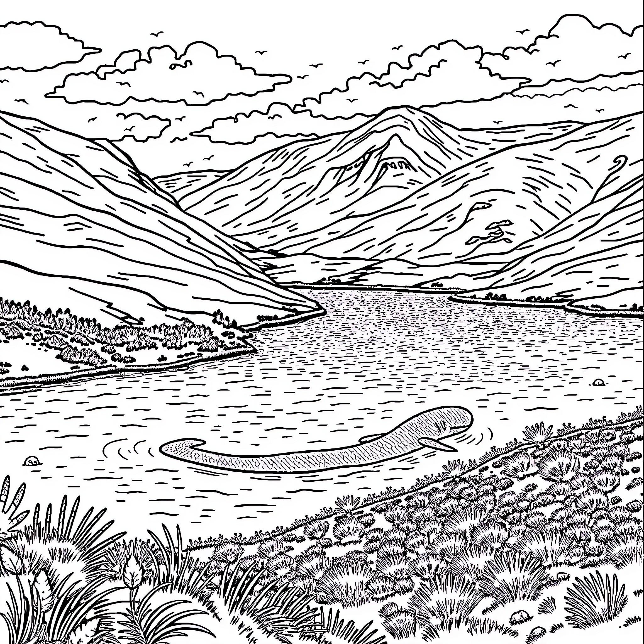 Loch Ness Monster swimming in serene landscape Coloring Page (free black-and-white line drawing printable PDF for all, from beginners to advanced learners, including children, teens, adults, and seniors)