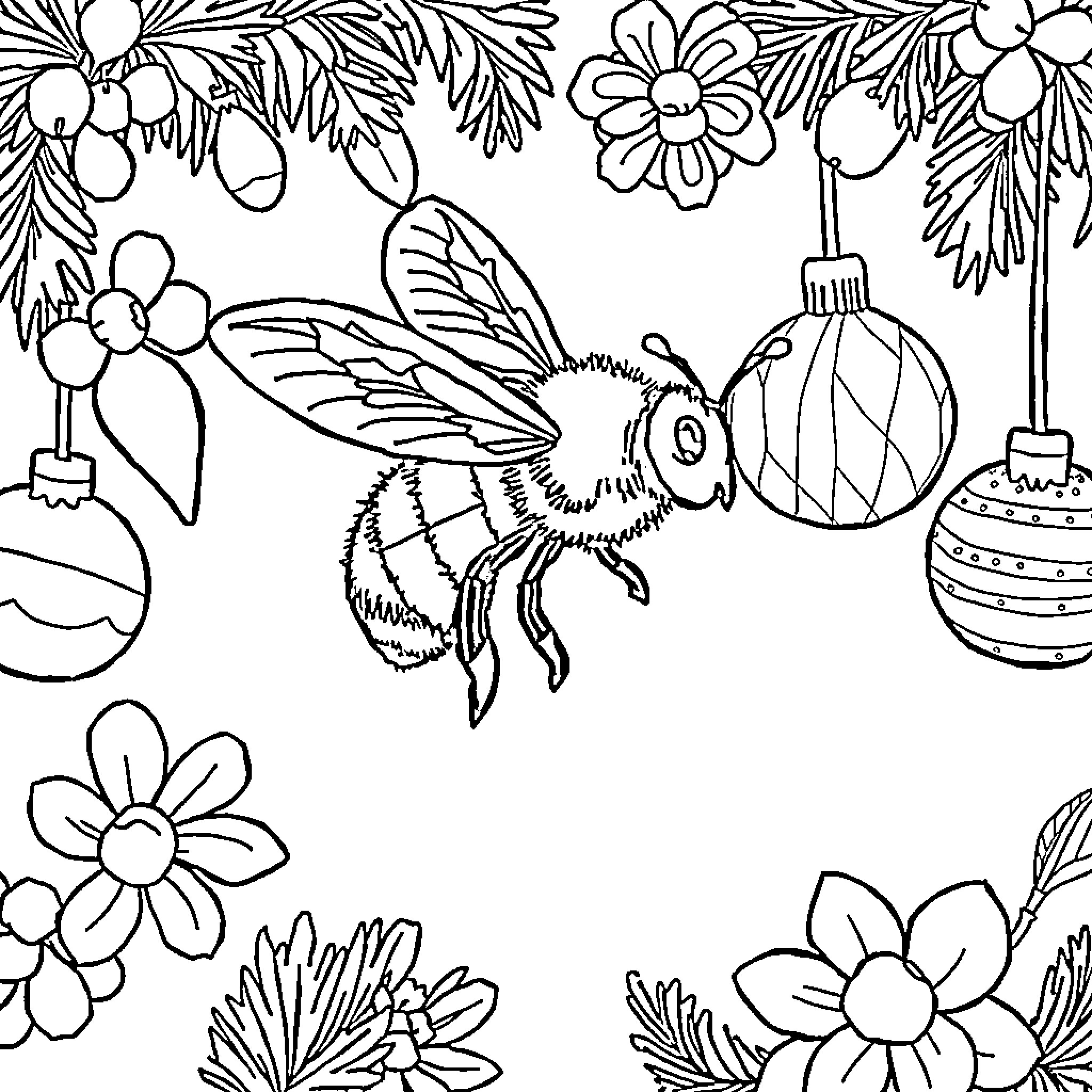 Bee flying amongst festive ornaments and flowers Coloring Page (free black-and-white line drawing printable PDF for all, from beginners to advanced learners, including children, teens, adults, and seniors)