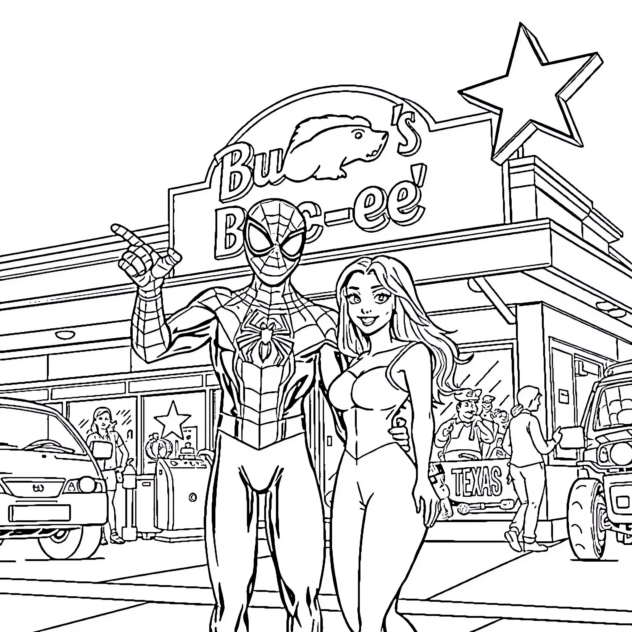 Spiderman and friends explore the city Coloring Page (free black-and-white line drawing printable PDF for all, from beginners to advanced learners, including children, teens, adults, and seniors)
