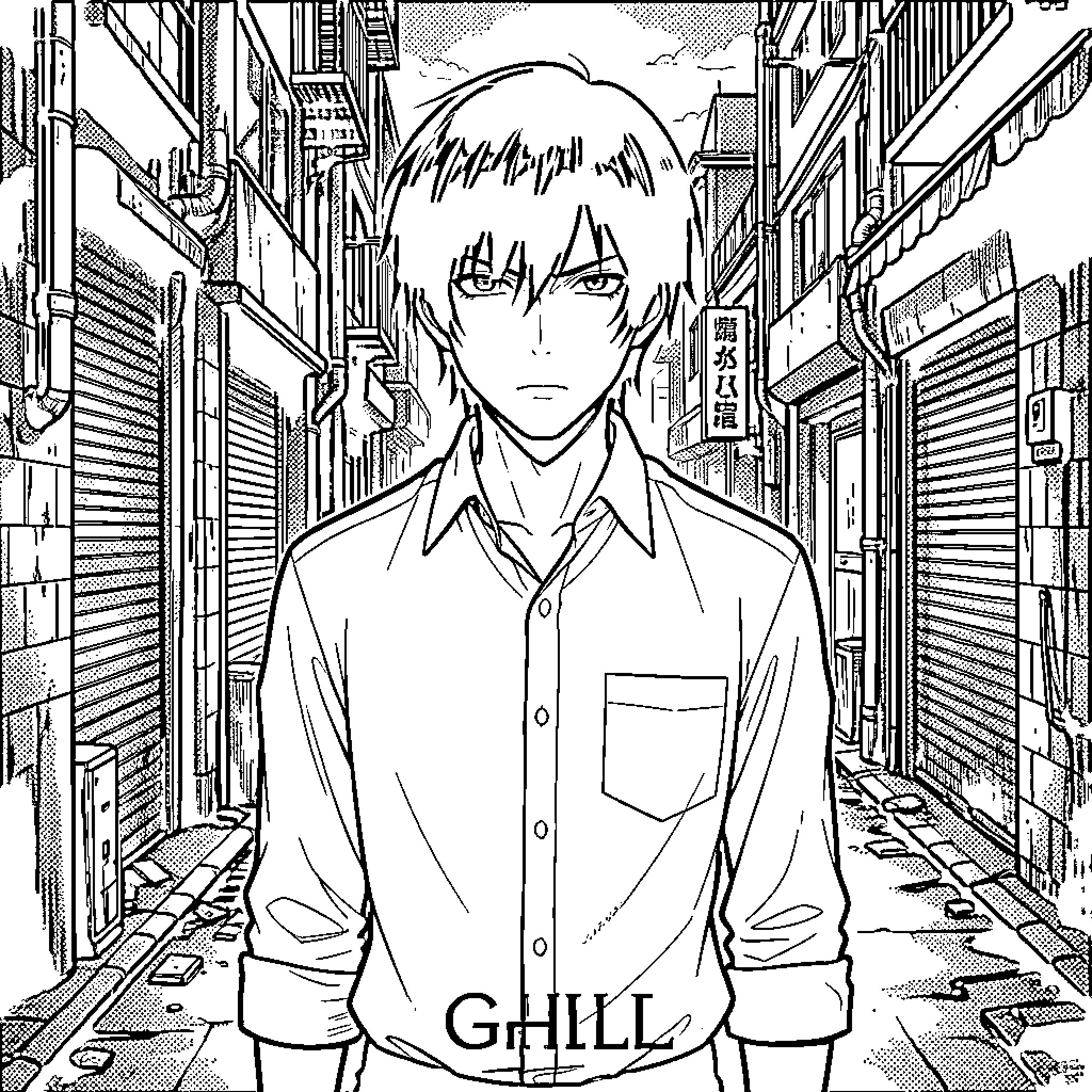 Kaneki Ken standing with a serious expression in an alleyway Coloring Page (free black-and-white line drawing printable PDF for all, from beginners to advanced learners, including children, teens, adults, and seniors)