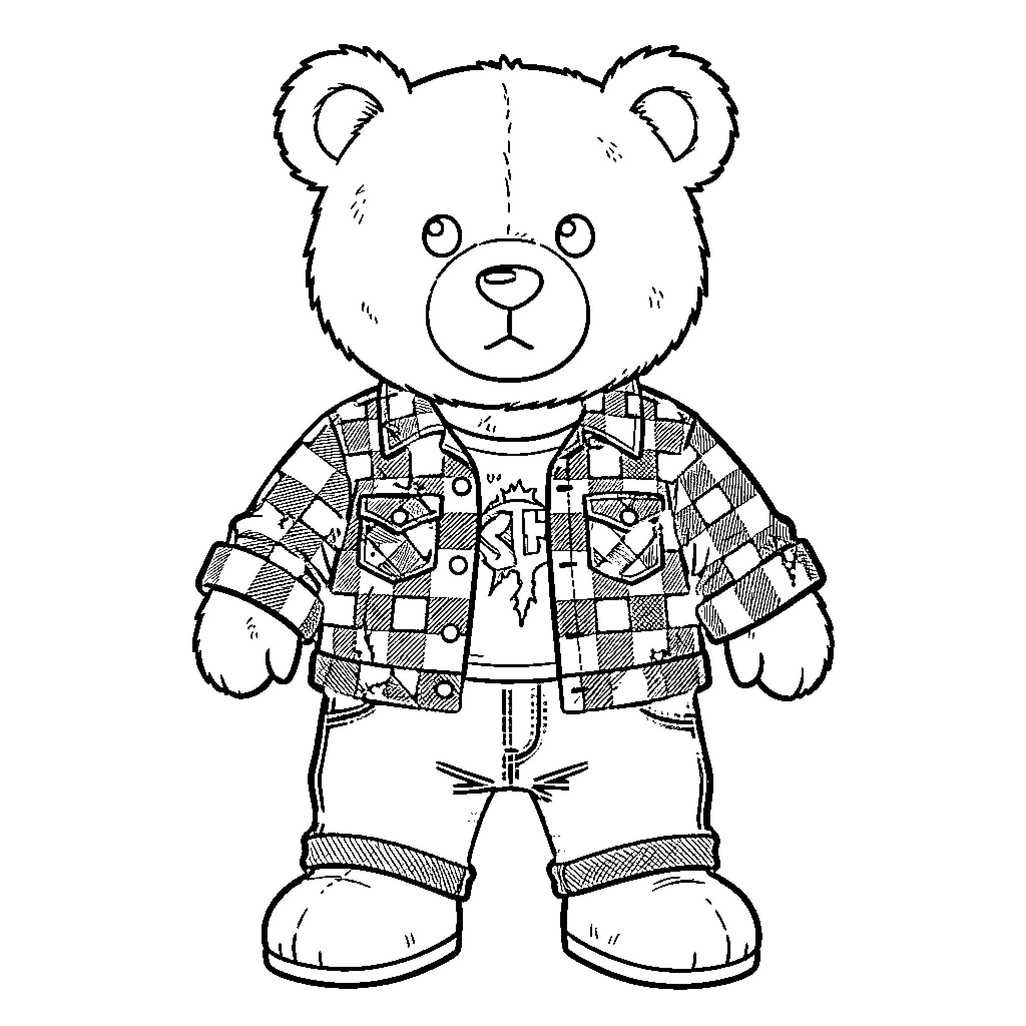 Teddy Bear in Casual Checkered Outfit Coloring Page (free black-and-white line drawing printable PDF for all, from beginners to advanced learners, including children, teens, adults, and seniors)