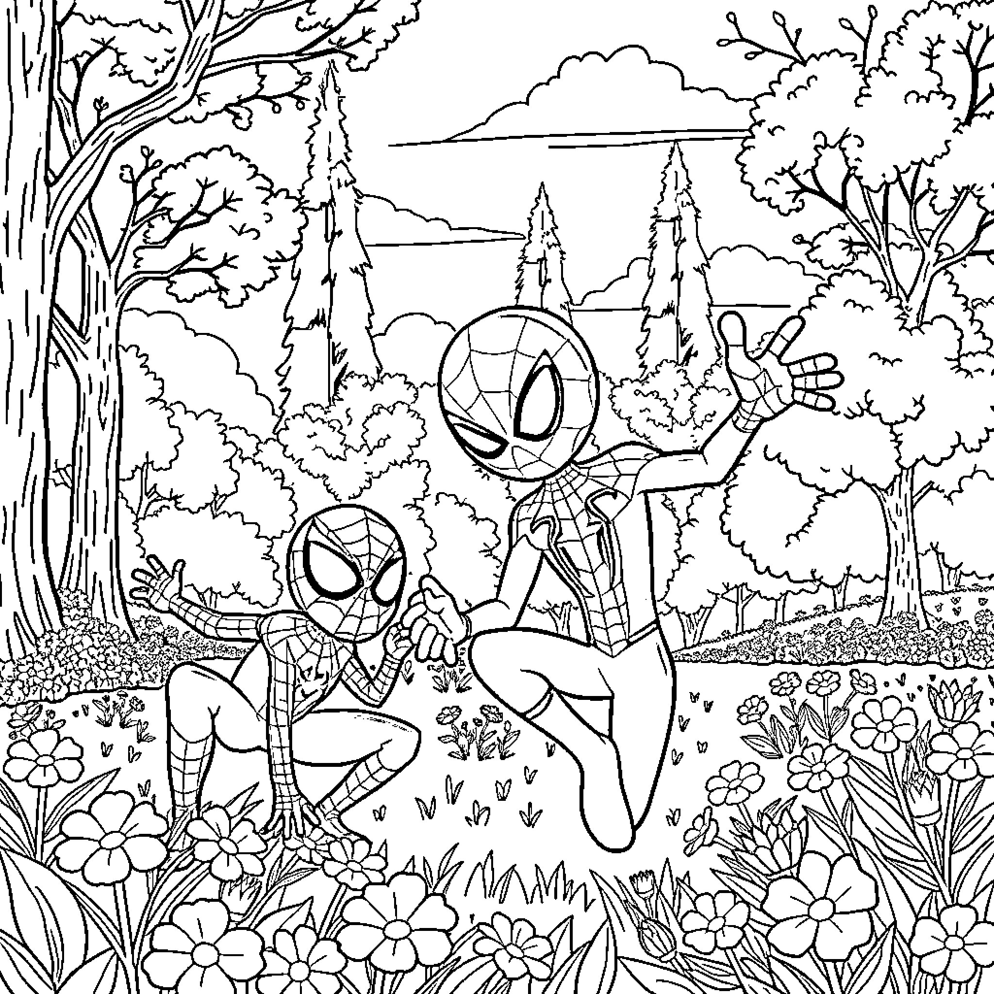 Bluey's Superhero Adventure in a Magical Forest Coloring Page (free black-and-white line drawing printable PDF for all, from beginners to advanced learners, including children, teens, adults, and seniors)