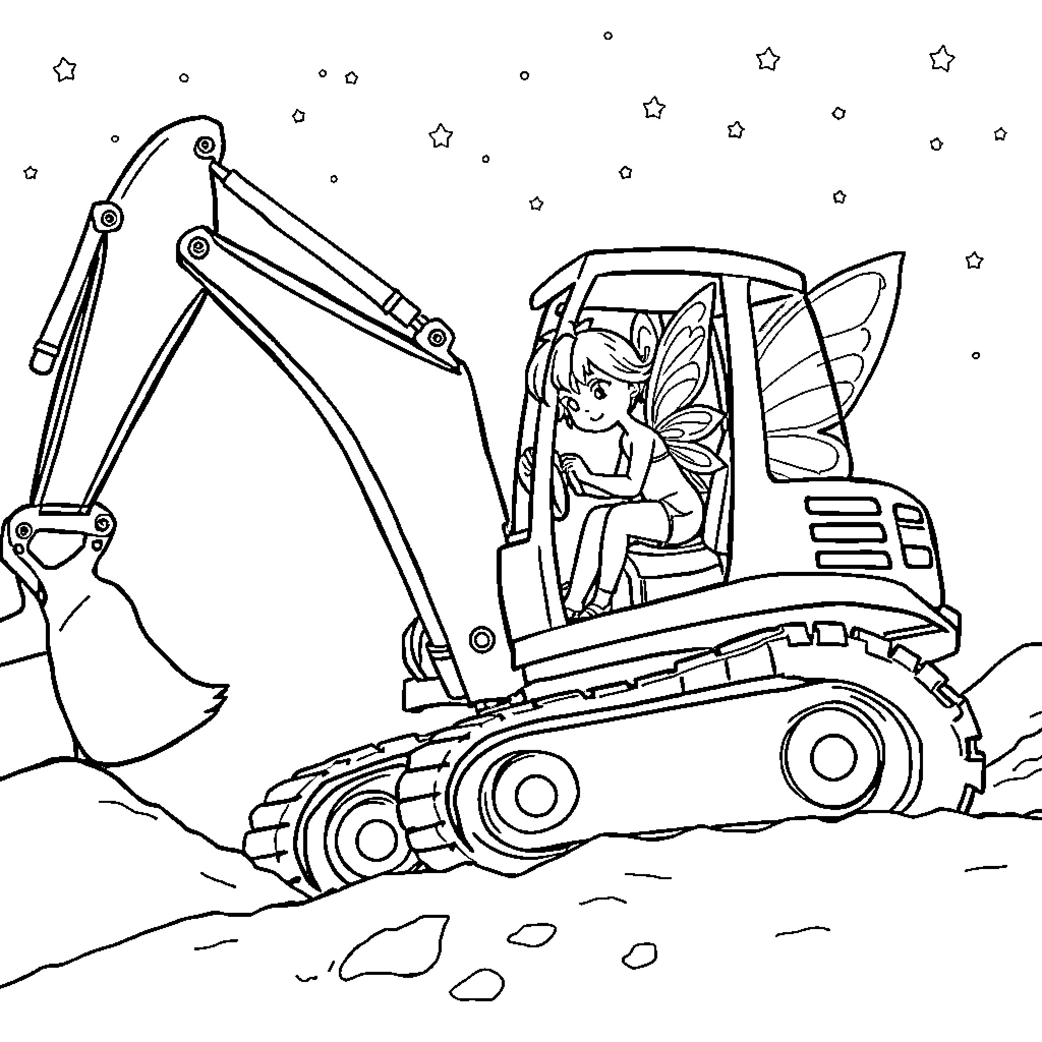 Fairy operating a heavy construction machine Coloring Page (free black-and-white line drawing printable PDF for all, from beginners to advanced learners, including children, teens, adults, and seniors)