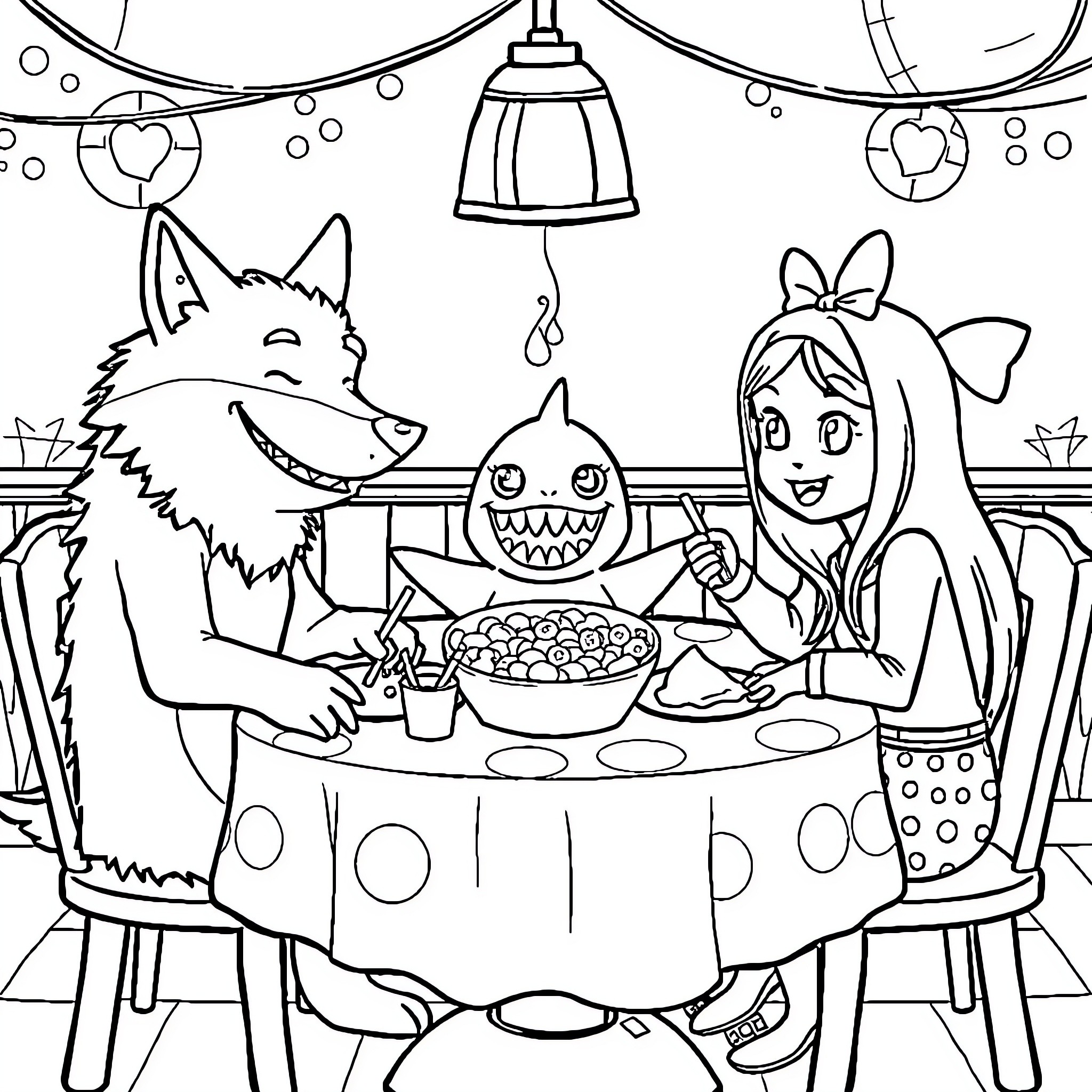 Wolfo friends enjoying a cozy meal together Coloring Page (free black-and-white line drawing printable PDF for all, from beginners to advanced learners, including children, teens, adults, and seniors)