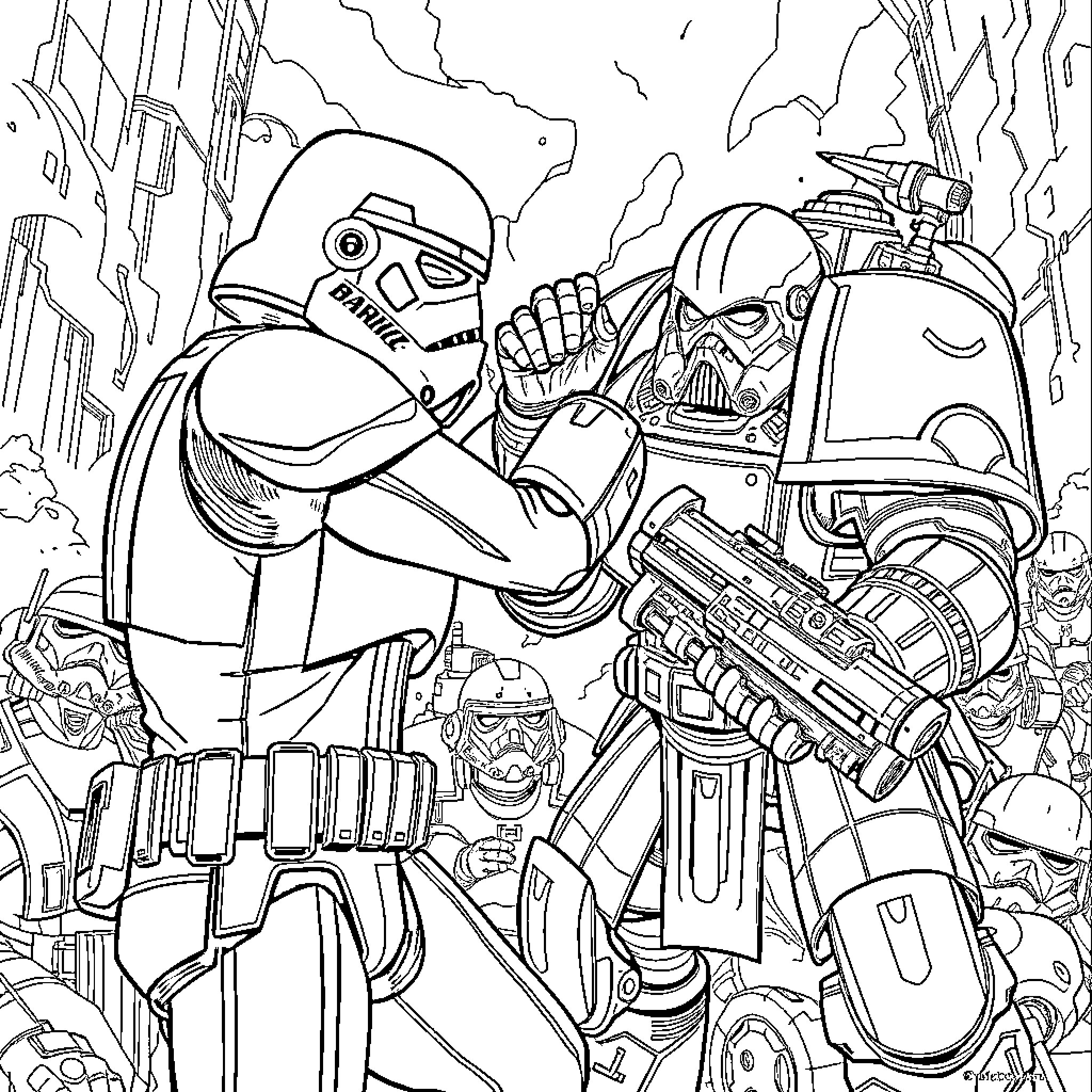 Stormtroopers in battle with blasters and weapons Coloring Page (free black-and-white line drawing printable PDF for all, from beginners to advanced learners, including children, teens, adults, and seniors)