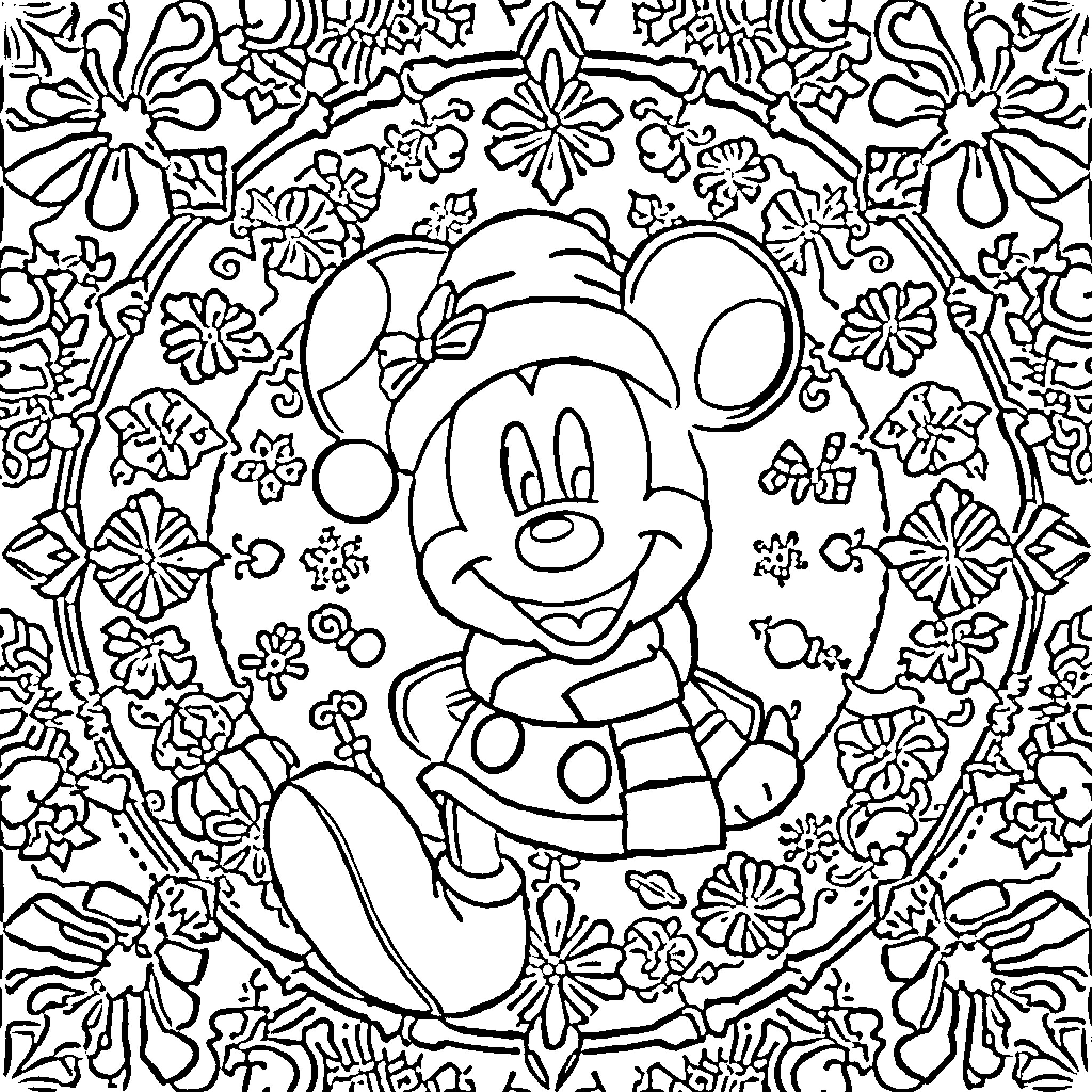 Mickey in a Floral Wonderland Coloring Page (free black-and-white line drawing printable PDF for all, from beginners to advanced learners, including children, teens, adults, and seniors)