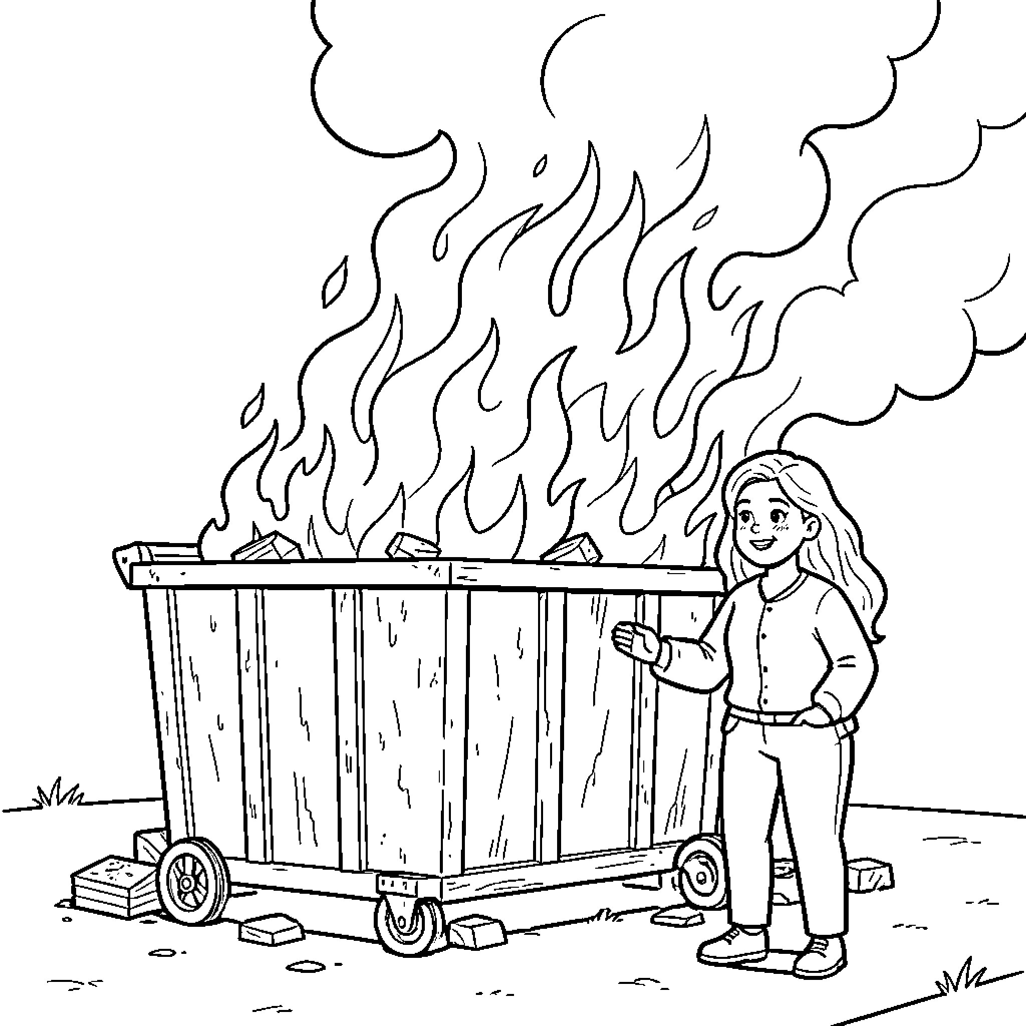 Teacher assisting with controlled fire in the classroom Coloring Page (free black-and-white line drawing printable PDF for all, from beginners to advanced learners, including children, teens, adults, and seniors)
