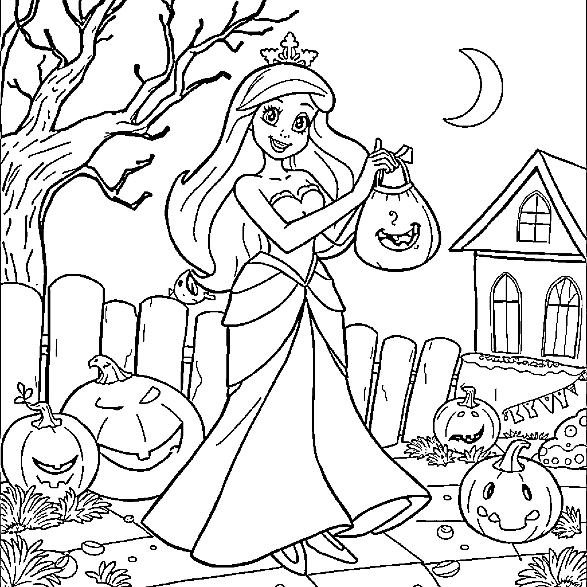 Ariel's Halloween Adventure Coloring Page (free black-and-white line drawing printable PDF for all, from beginners to advanced learners, including children, teens, adults, and seniors)
