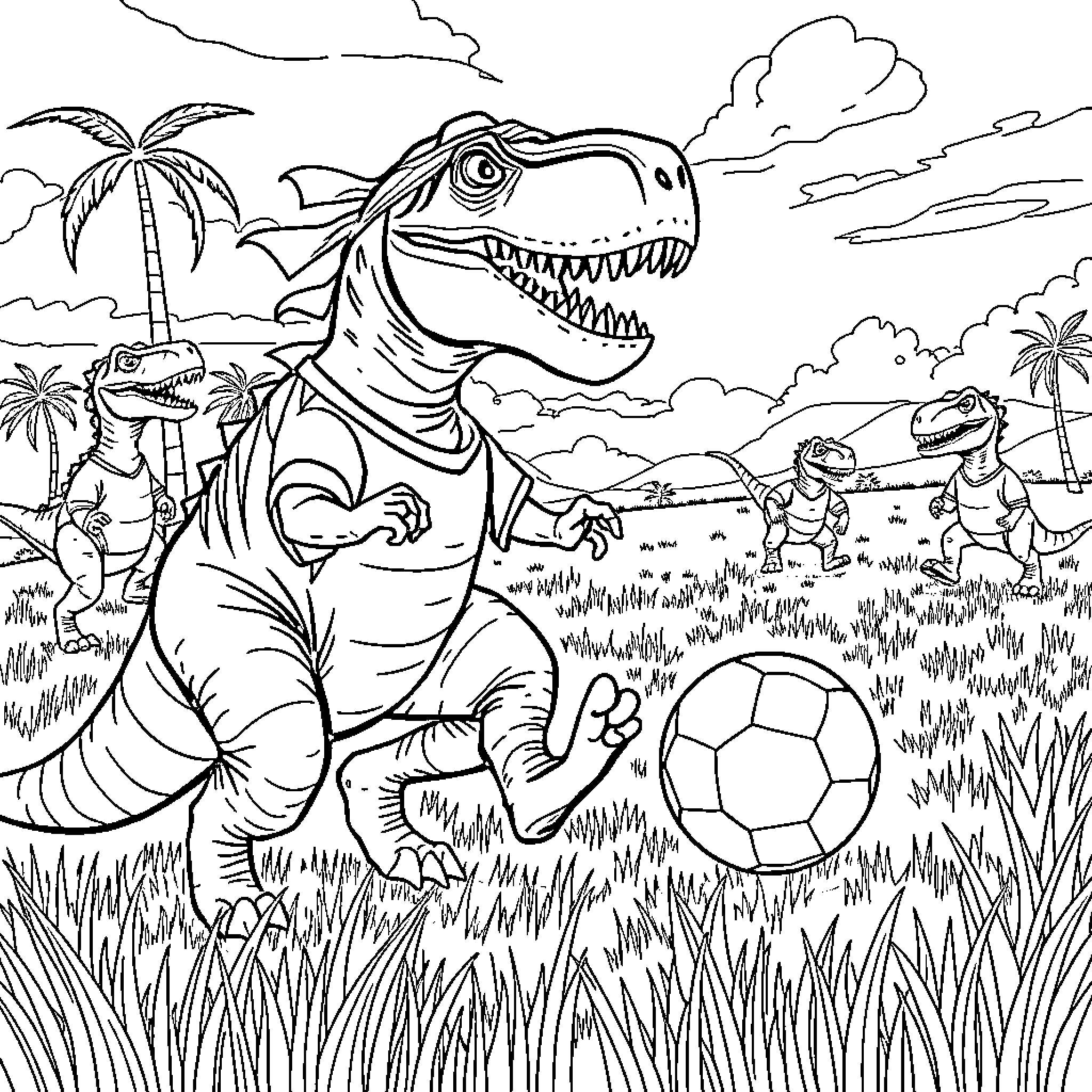 Trex playing with soccer ball in tropical landscape Coloring Page (free black-and-white line drawing printable PDF for all, from beginners to advanced learners, including children, teens, adults, and seniors)