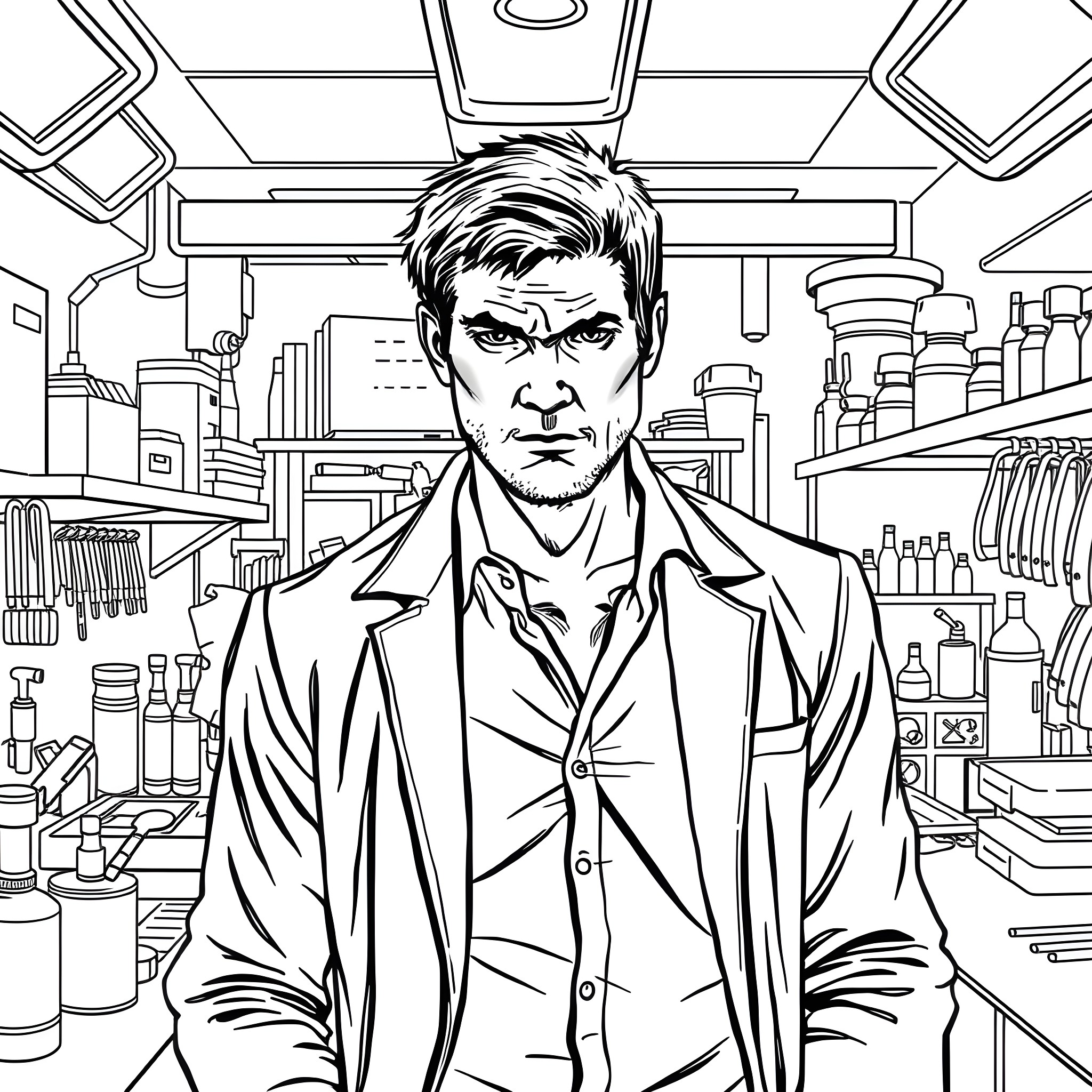 Dexter's Intense Focus in the Laboratory Coloring Page (free black-and-white line drawing printable PDF for all, from beginners to advanced learners, including children, teens, adults, and seniors)