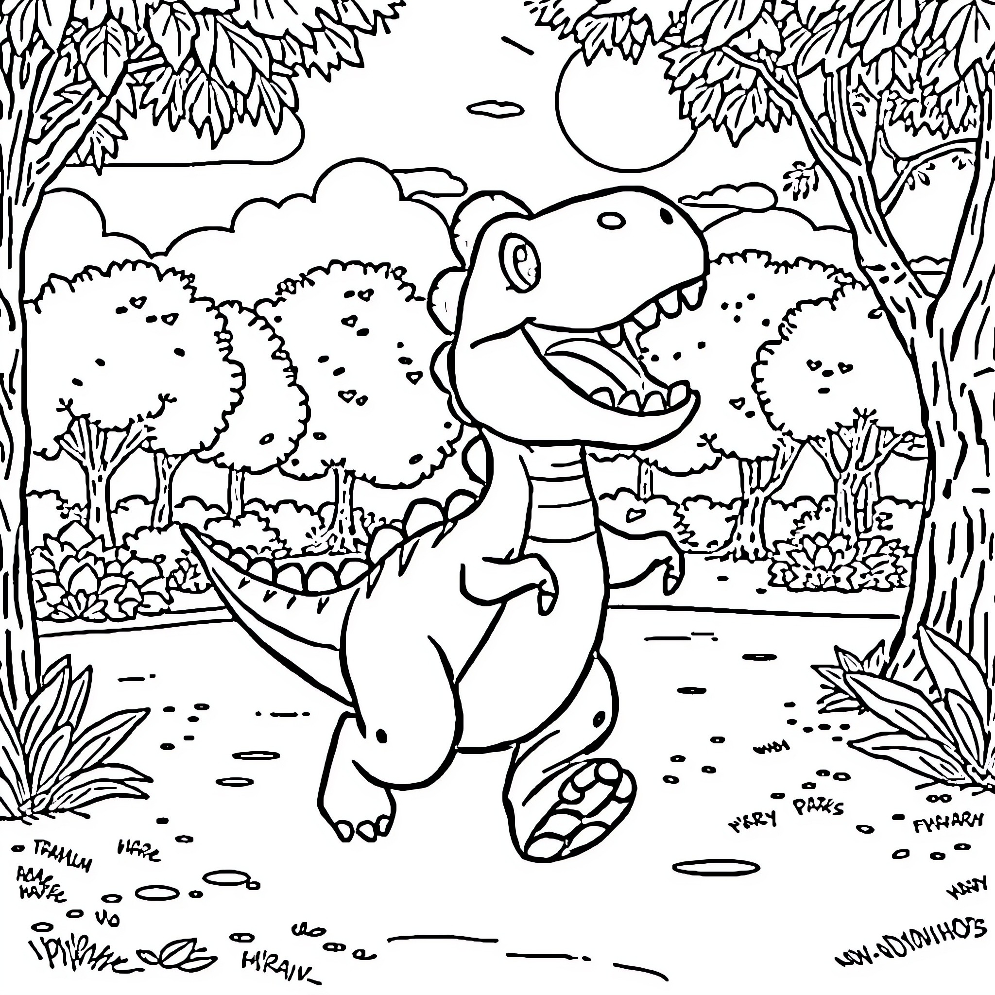 Dinosaur happily exploring the forest landscape Coloring Page (free black-and-white line drawing printable PDF for all, from beginners to advanced learners, including children, teens, adults, and seniors)