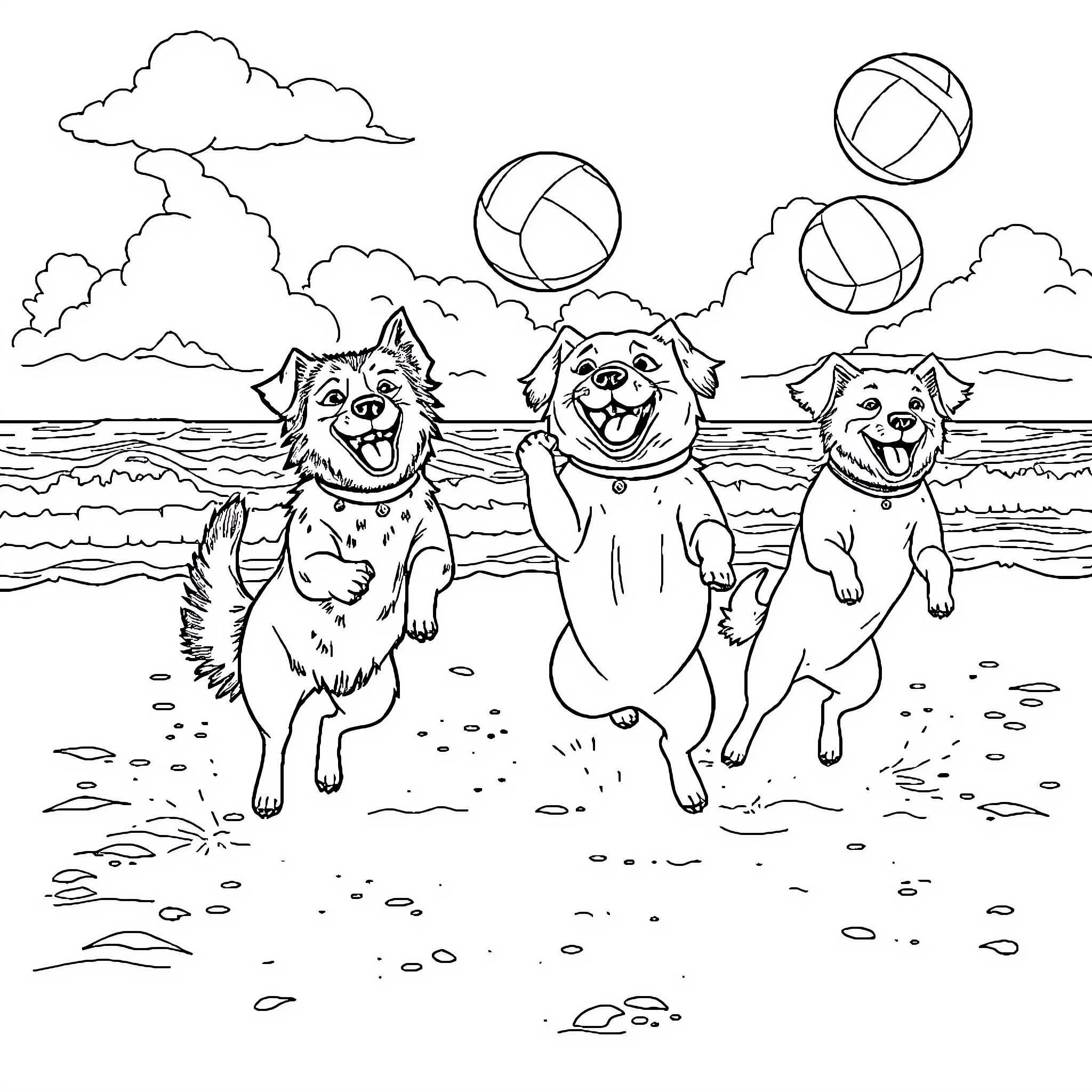 Dogs playing on the beach with balls Coloring Page (free black-and-white line drawing printable PDF for all, from beginners to advanced learners, including children, teens, adults, and seniors)