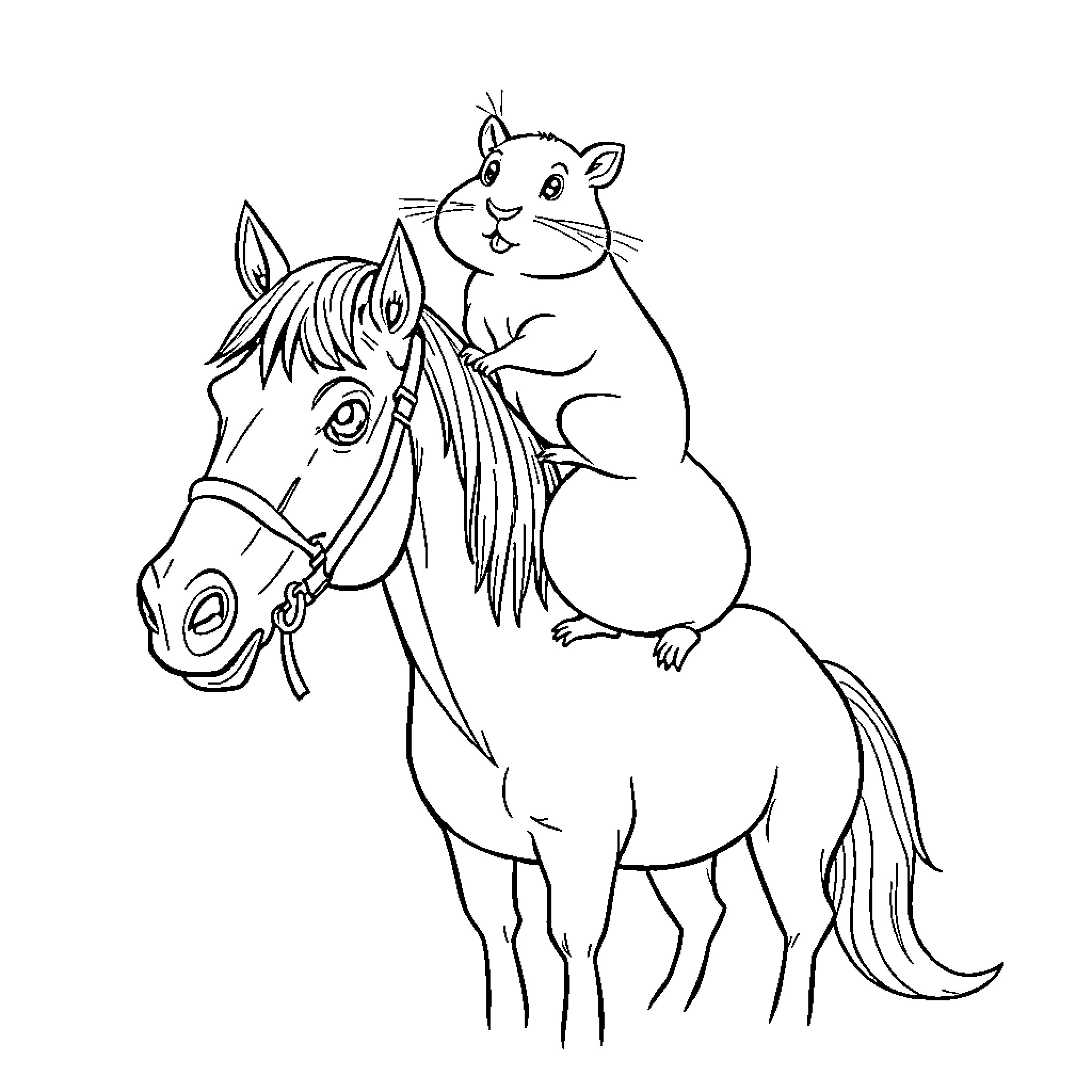 Hamster hitching a ride on playful pony Coloring Page (free black-and-white line drawing printable PDF for all, from beginners to advanced learners, including children, teens, adults, and seniors)