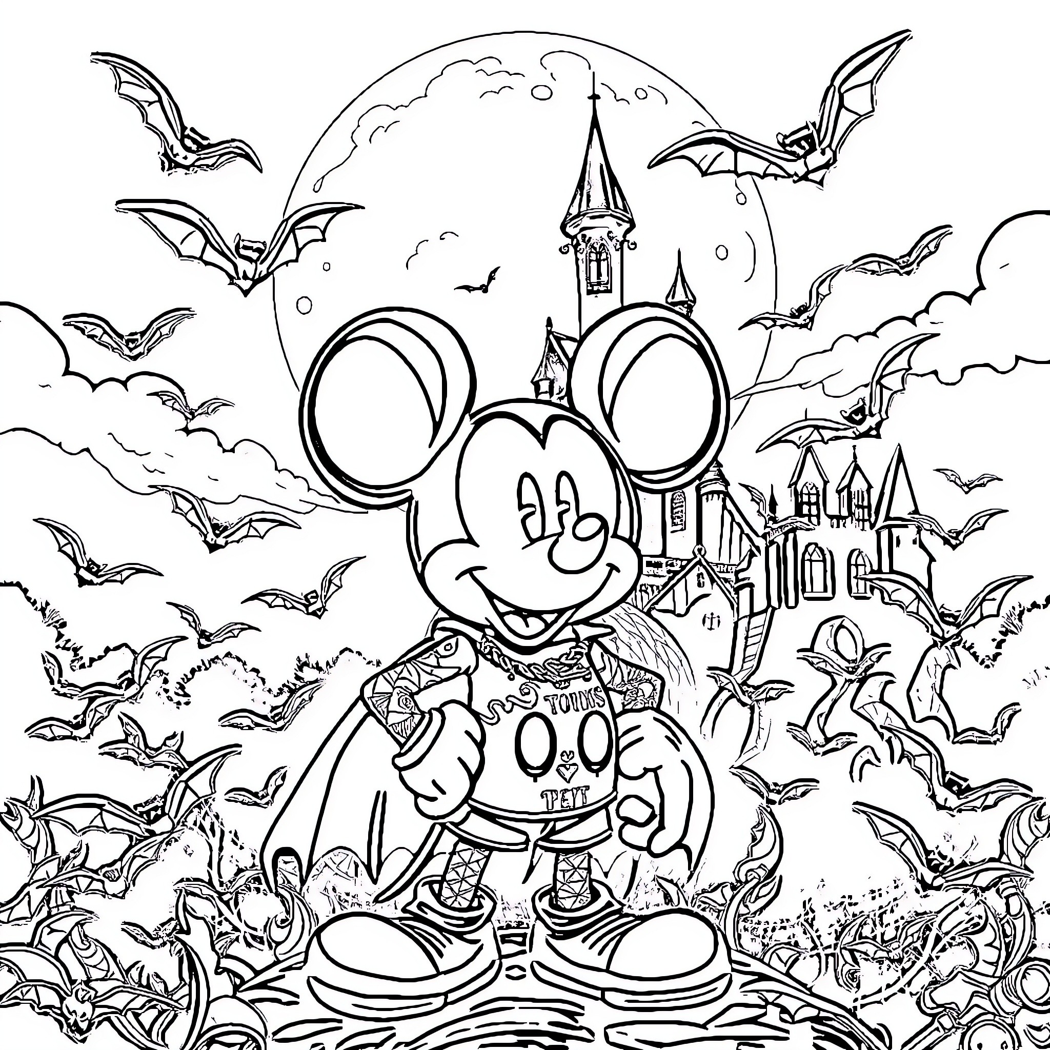Mickey Mouse in a spooky castle surrounded by bats Coloring Page (free black-and-white line drawing printable PDF for all, from beginners to advanced learners, including children, teens, adults, and seniors)