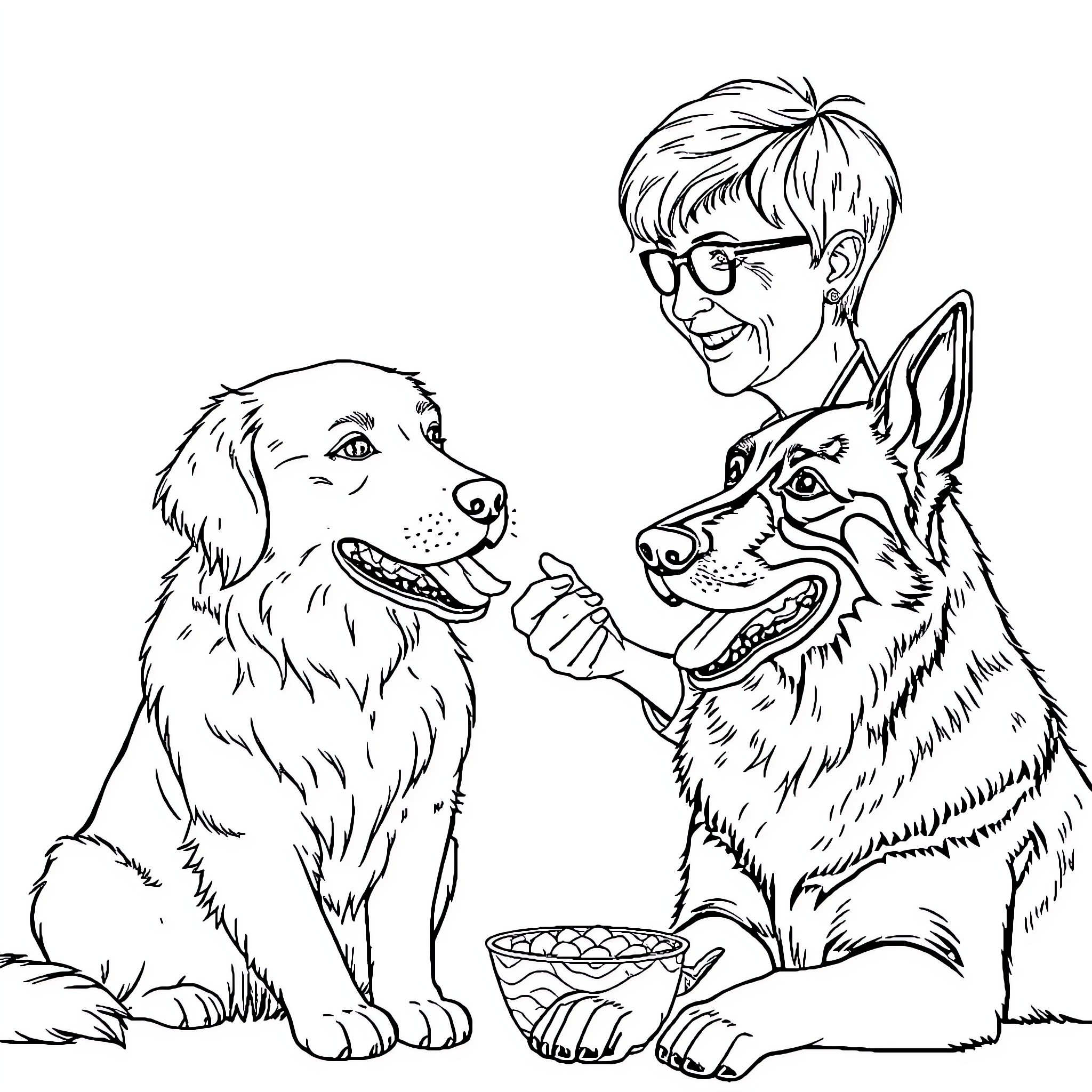 Dog and owner playing together happily Coloring Page (free black-and-white line drawing printable PDF for all, from beginners to advanced learners, including children, teens, adults, and seniors)
