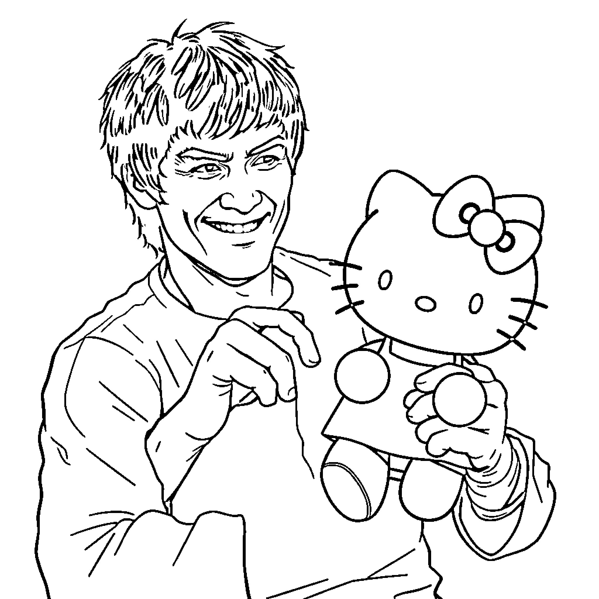Bruce Lee playfully interacting with Hello Kitty doll Coloring Page (free black-and-white line drawing printable PDF for all, from beginners to advanced learners, including children, teens, adults, and seniors)