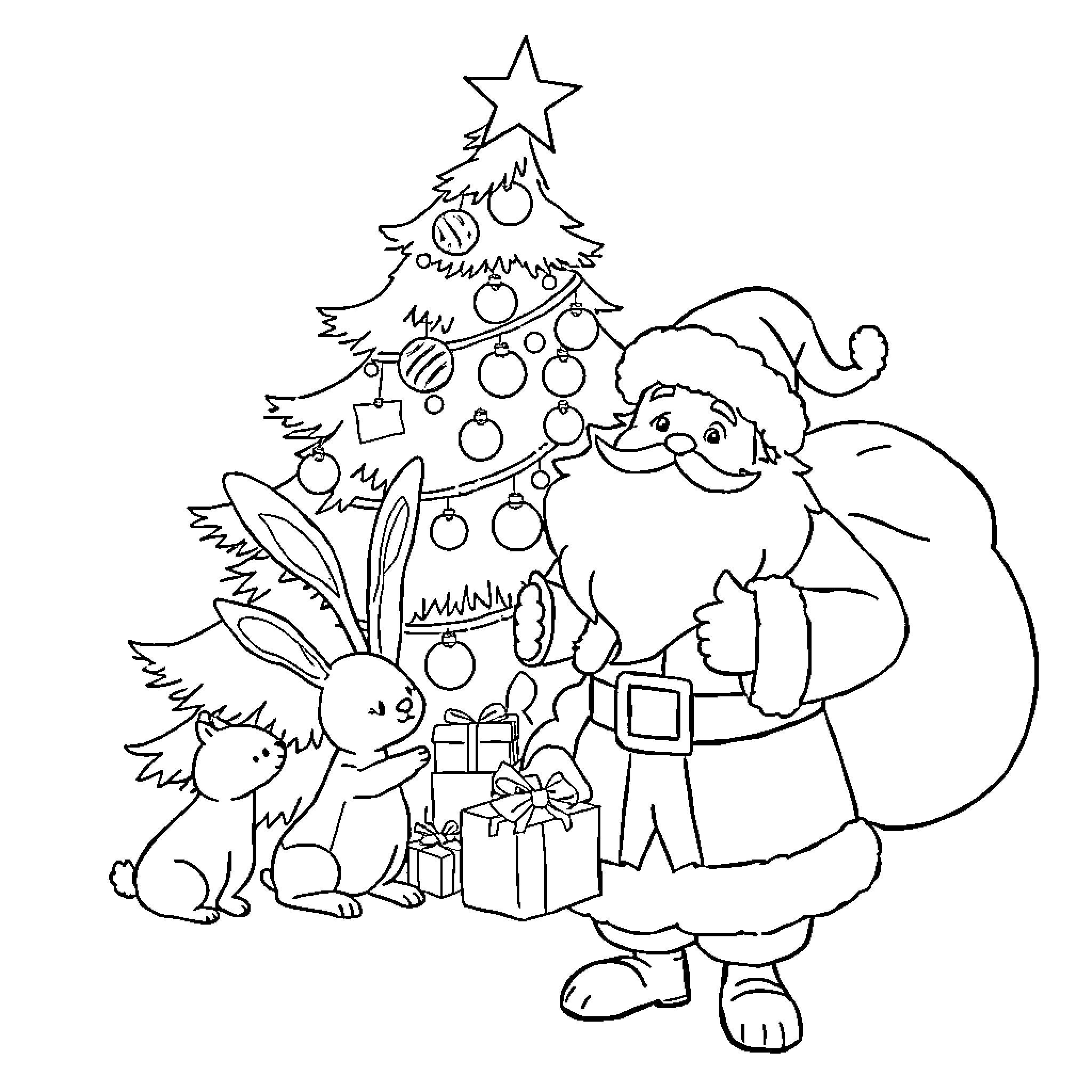 Christmas Santa and Rabbit Decorating Tree Coloring Page (free black-and-white line drawing printable PDF for all, from beginners to advanced learners, including children, teens, adults, and seniors)