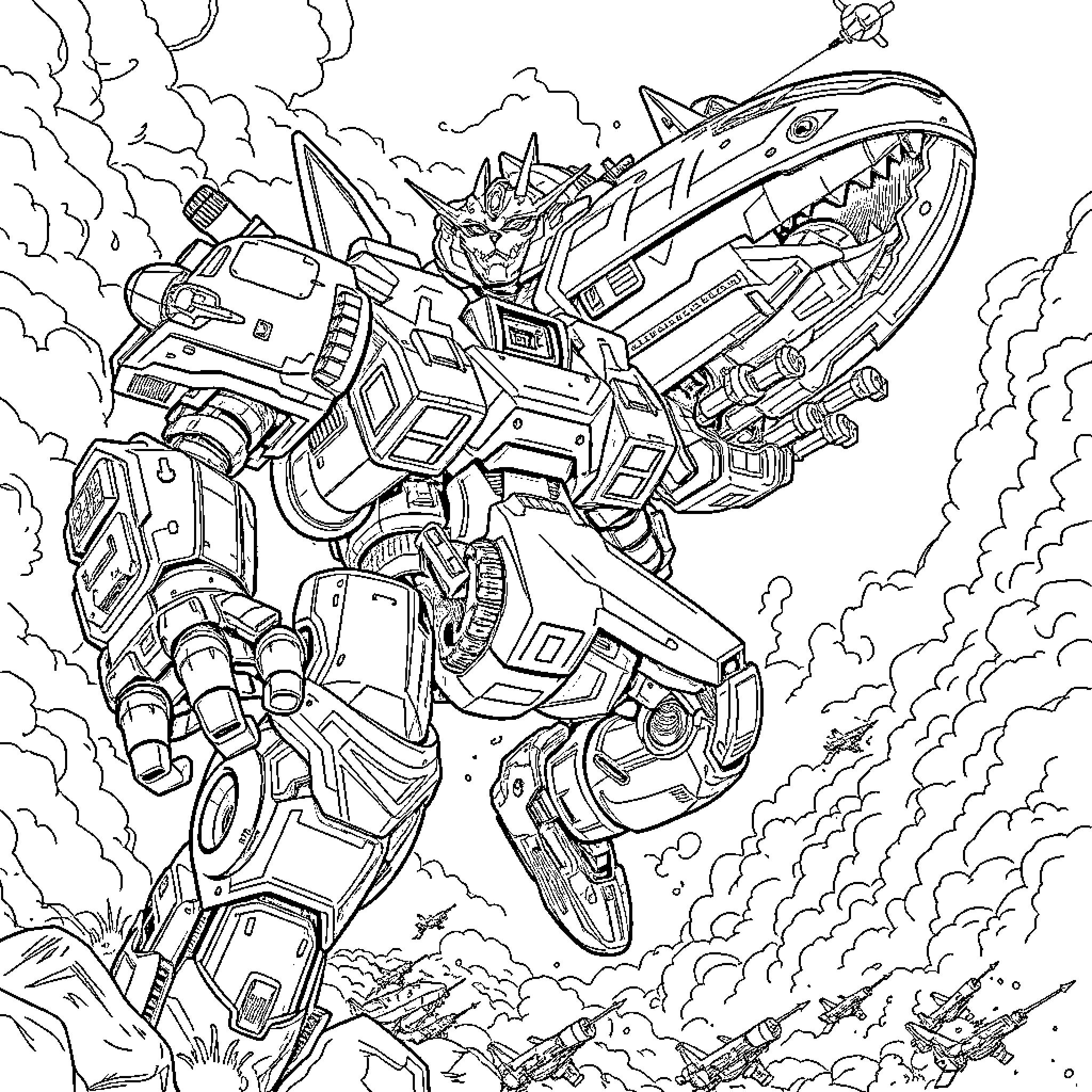 Cat-like Mech Warrior Stomping Through Destruction Coloring Page (free black-and-white line drawing printable PDF for all, from beginners to advanced learners, including children, teens, adults, and seniors)