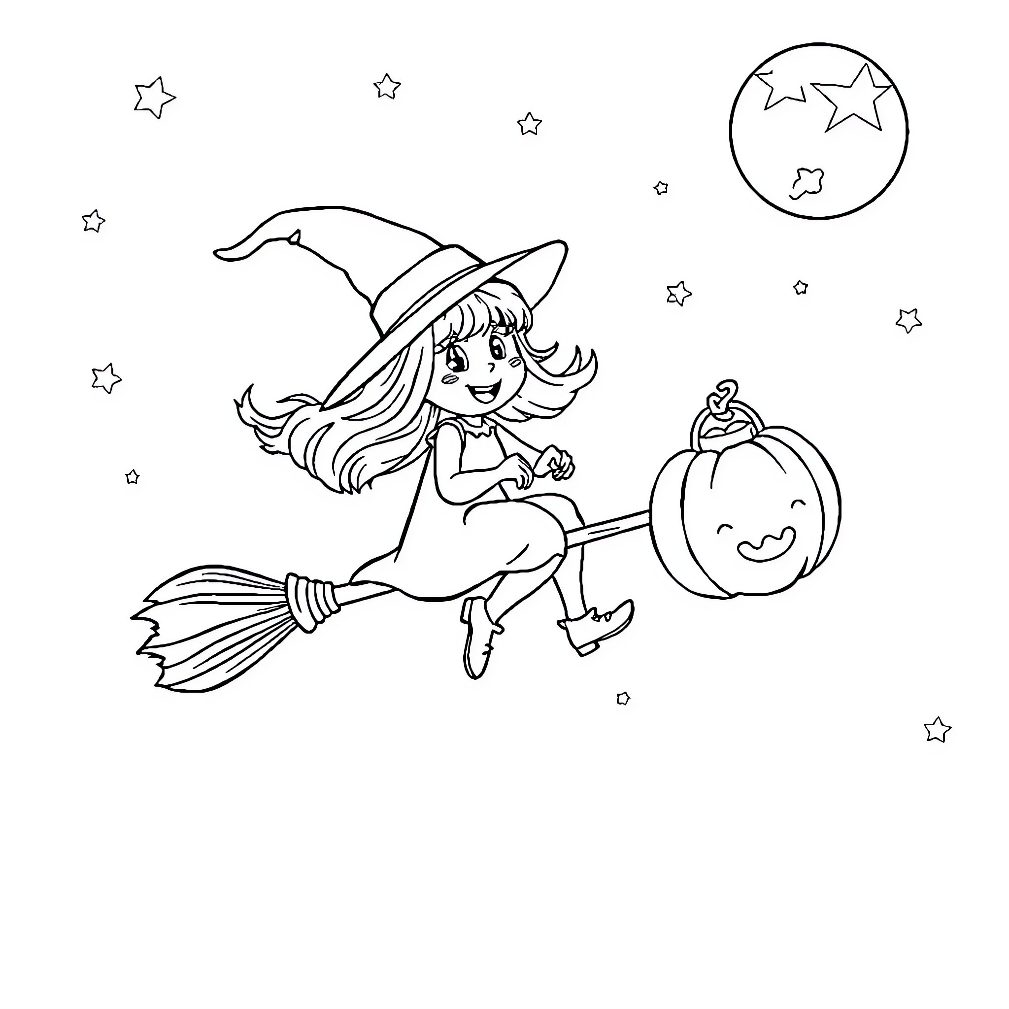 Witch flying on broomstick with pumpkin lantern Coloring Page (free black-and-white line drawing printable PDF for all, from beginners to advanced learners, including children, teens, adults, and seniors)