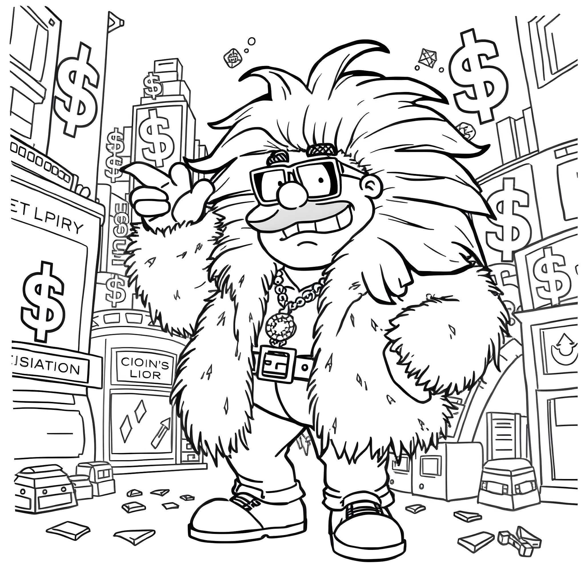 Ralph Wiggum navigates the bustling city landscape Coloring Page (free black-and-white line drawing printable PDF for all, from beginners to advanced learners, including children, teens, adults, and seniors)