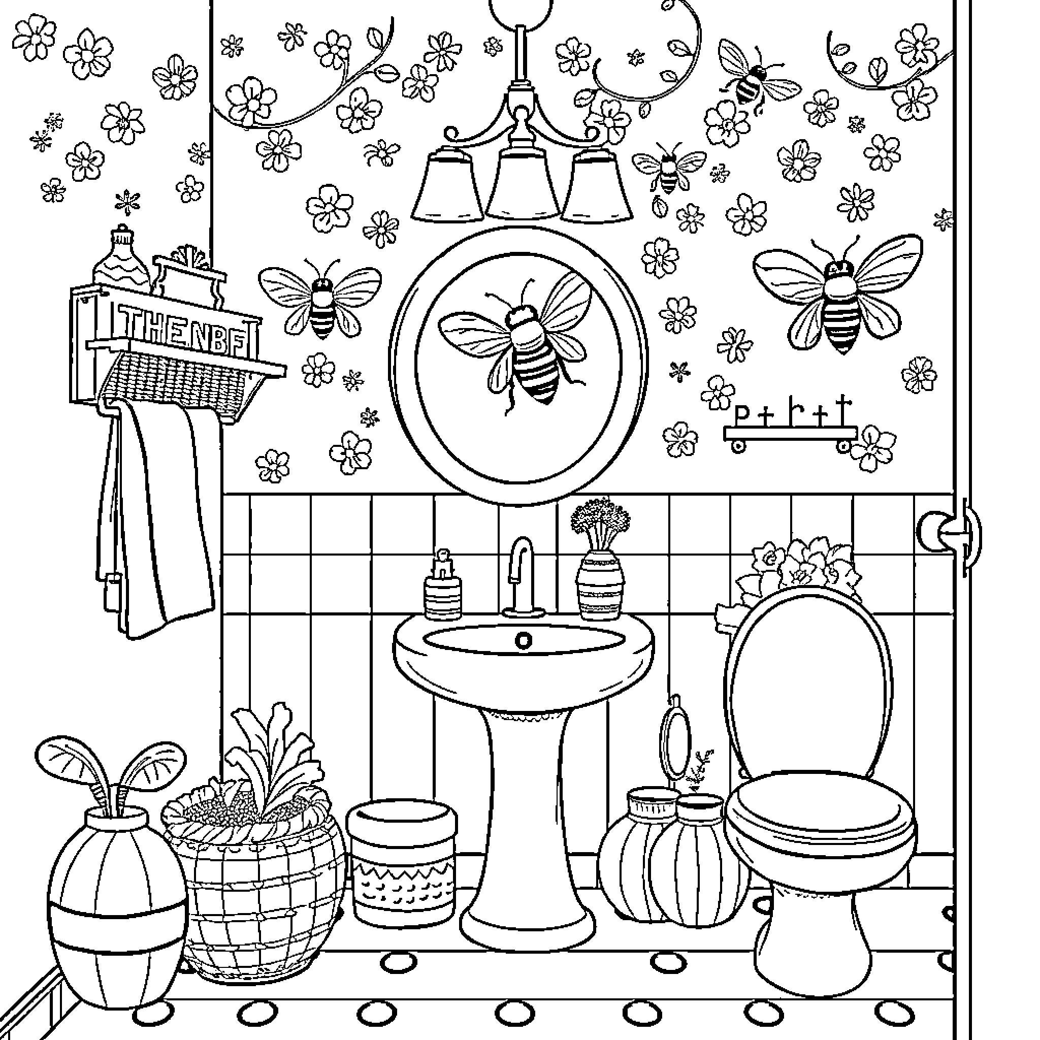 Bee-utiful Bathroom Blossoms Coloring Page (free black-and-white line drawing printable PDF for all, from beginners to advanced learners, including children, teens, adults, and seniors)
