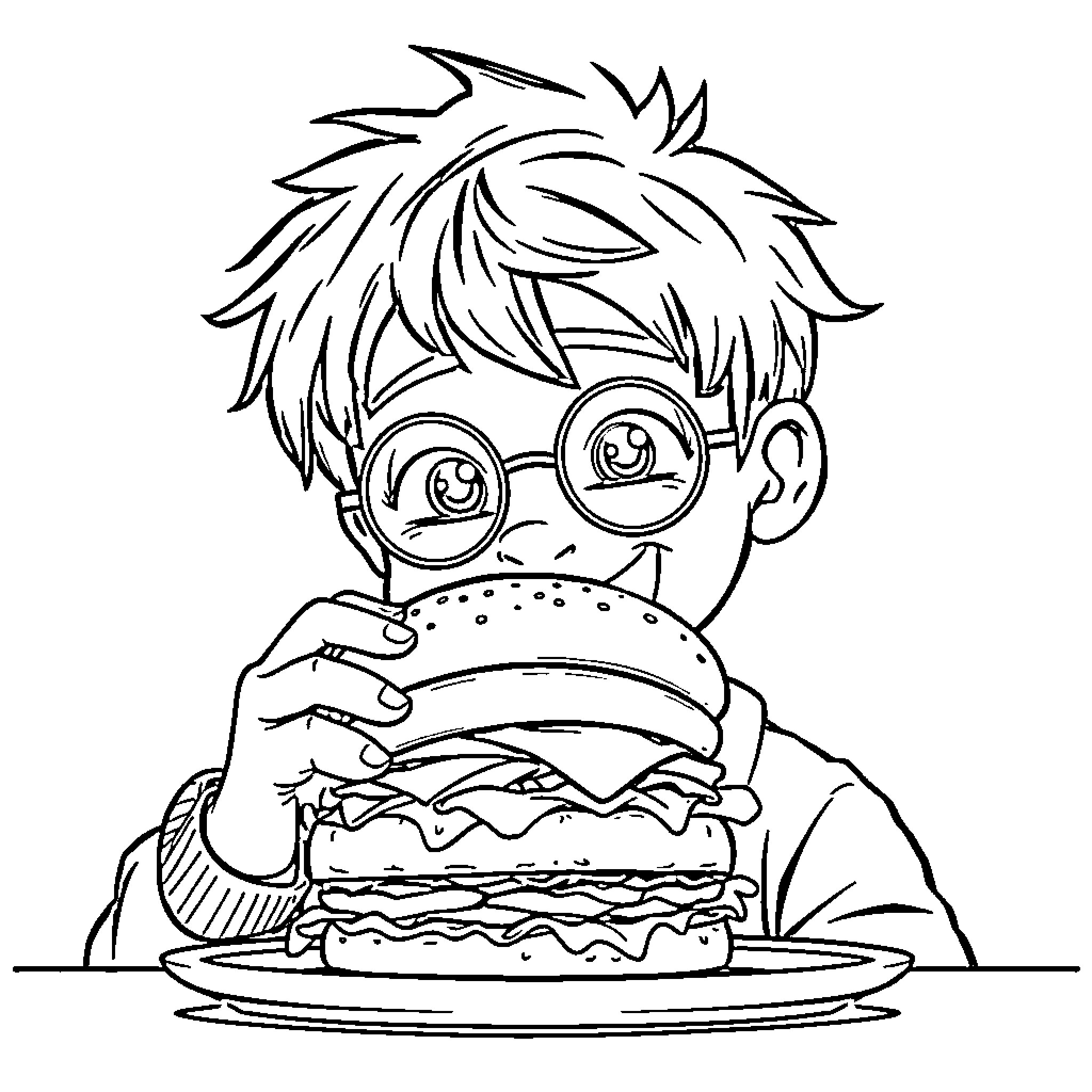 Kid happily enjoying a big burger meal Coloring Page (free black-and-white line drawing printable PDF for all, from beginners to advanced learners, including children, teens, adults, and seniors)