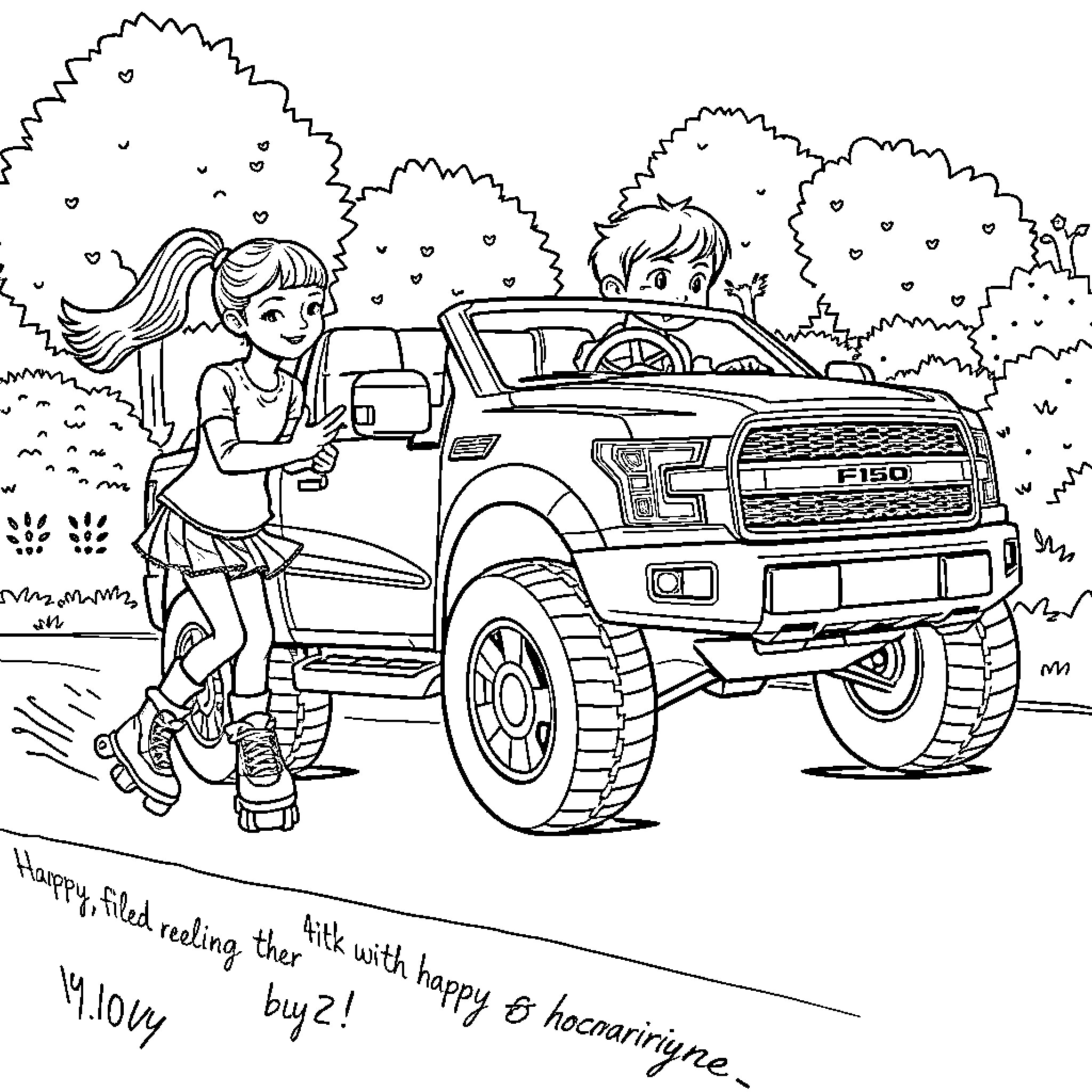Boy and girl admiring pickup truck in nature Coloring Page (free black-and-white line drawing printable PDF for all, from beginners to advanced learners, including children, teens, adults, and seniors)