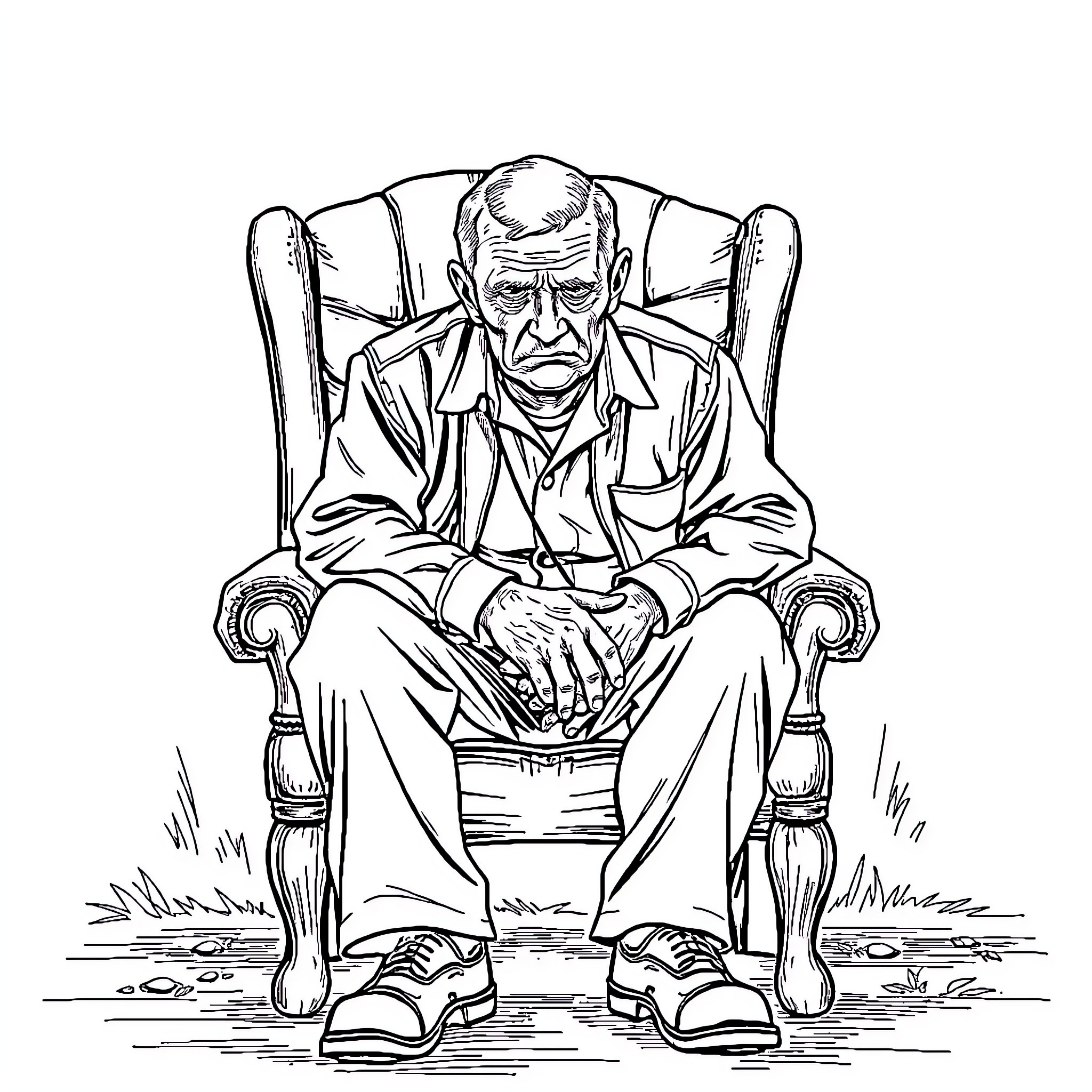 Veteran Seated Thoughtfully on Armchair Coloring Page (free black-and-white line drawing printable PDF for all, from beginners to advanced learners, including children, teens, adults, and seniors)