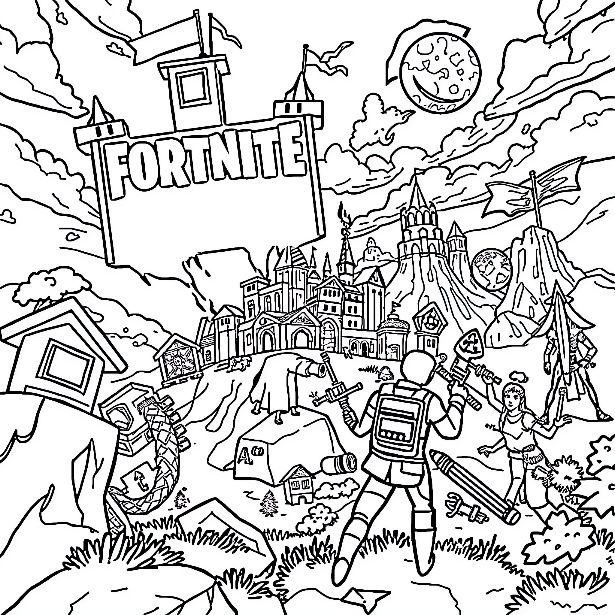 Fortnite characters in fantastical battle scene Coloring Page (free black-and-white line drawing printable PDF for all, from beginners to advanced learners, including children, teens, adults, and seniors)