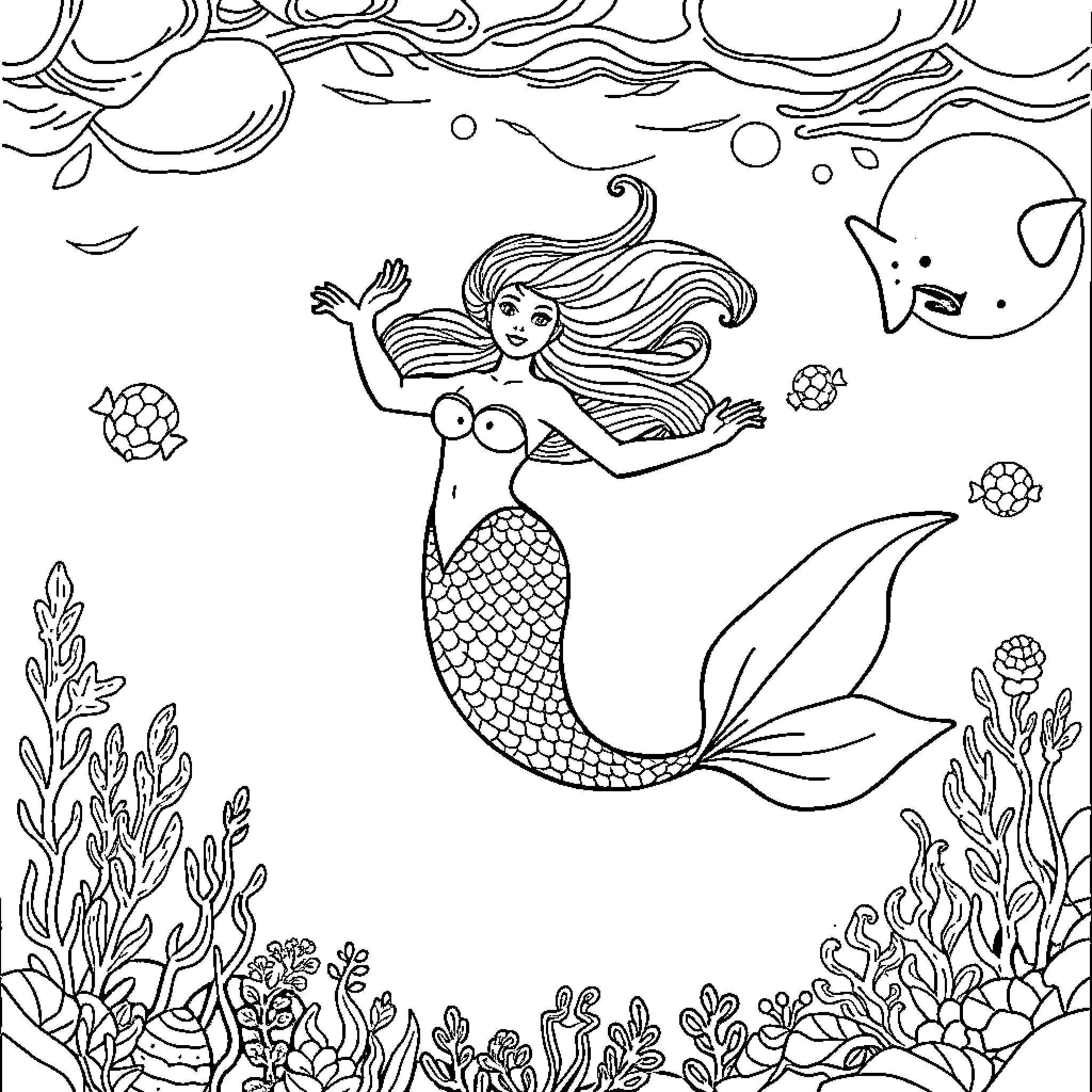 Mermaid swimming gracefully in the underwater world Coloring Page (free black-and-white line drawing printable PDF for all, from beginners to advanced learners, including children, teens, adults, and seniors)