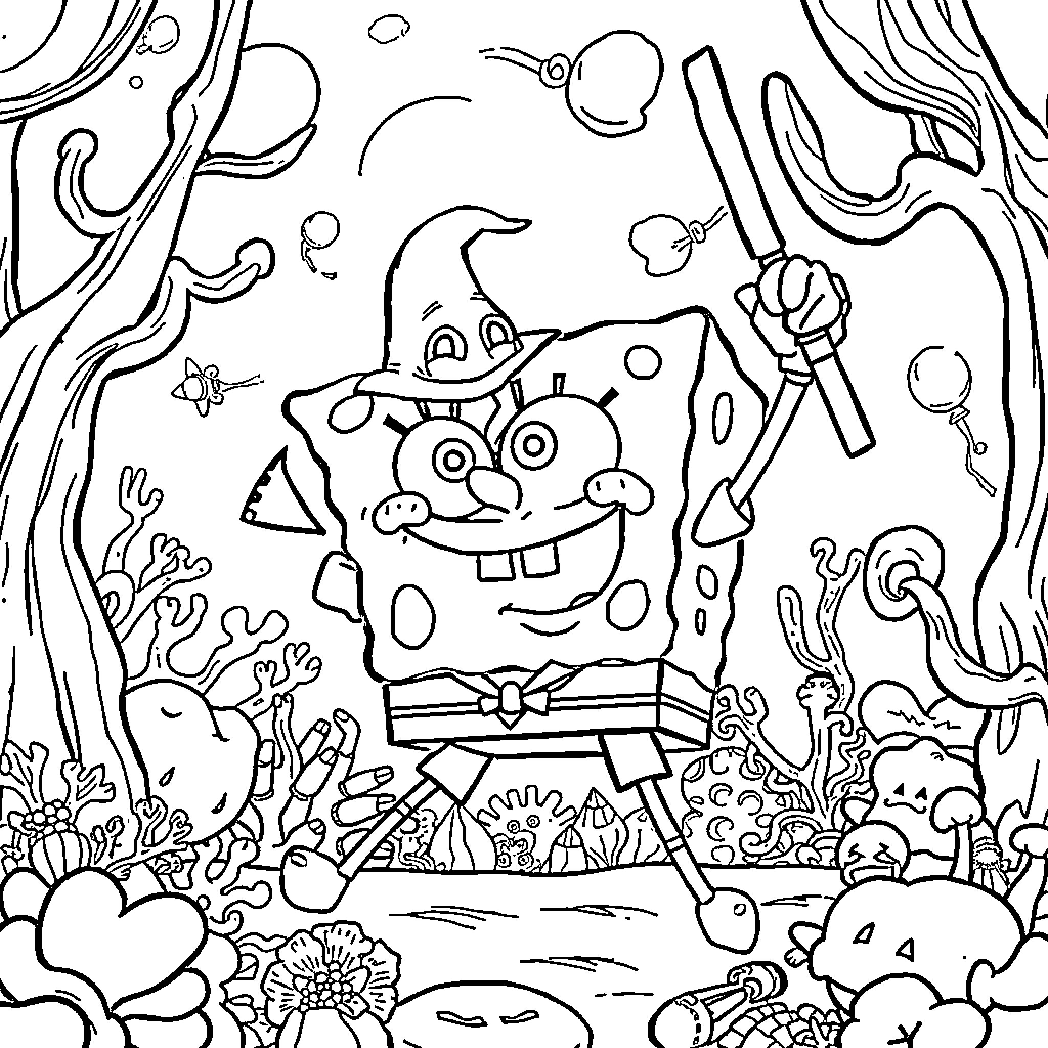 Spongebob's Imaginative Underwater Adventure Coloring Page (free black-and-white line drawing printable PDF for all, from beginners to advanced learners, including children, teens, adults, and seniors)