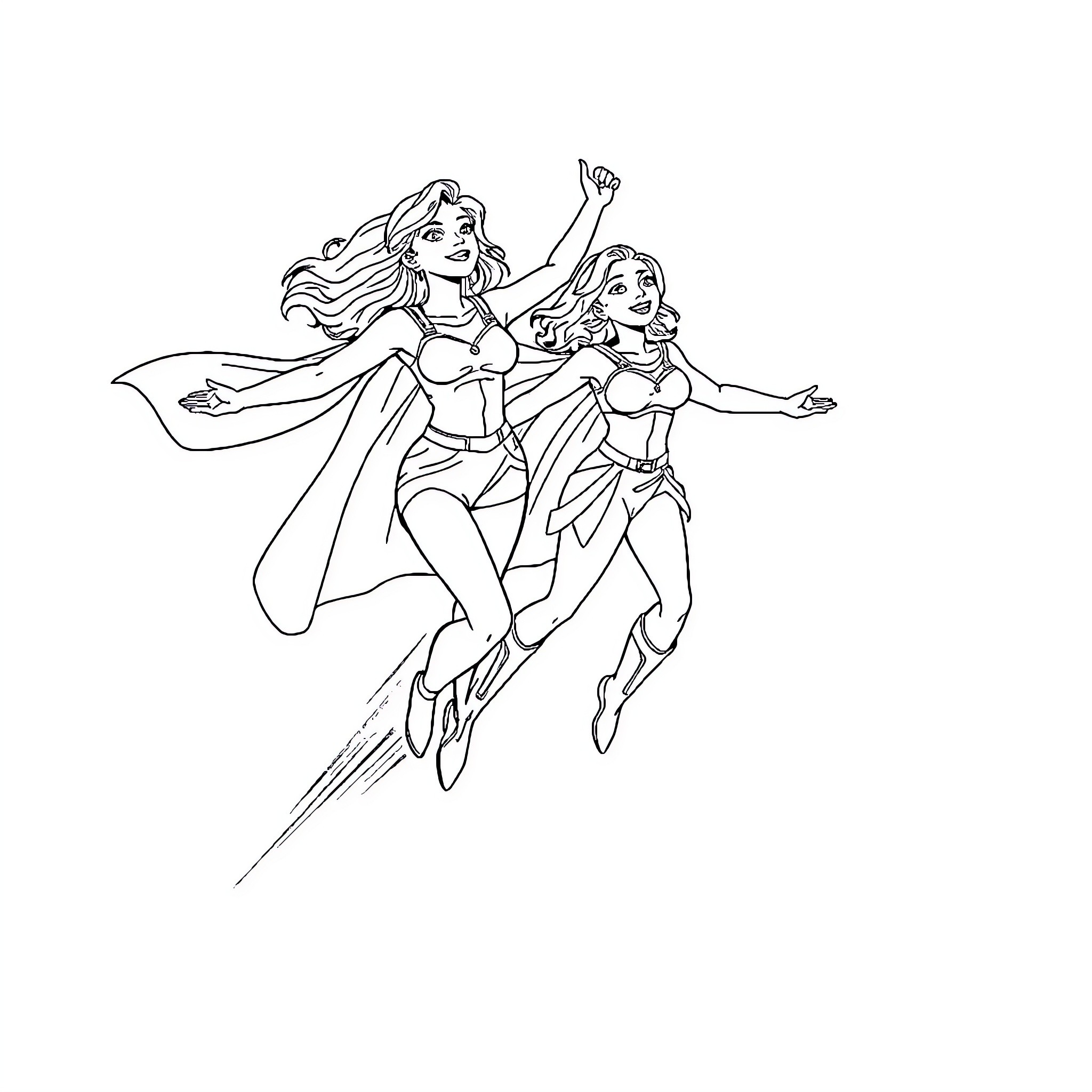 Powerpuff Girls in heroic action poses Coloring Page (free black-and-white line drawing printable PDF for all, from beginners to advanced learners, including children, teens, adults, and seniors)