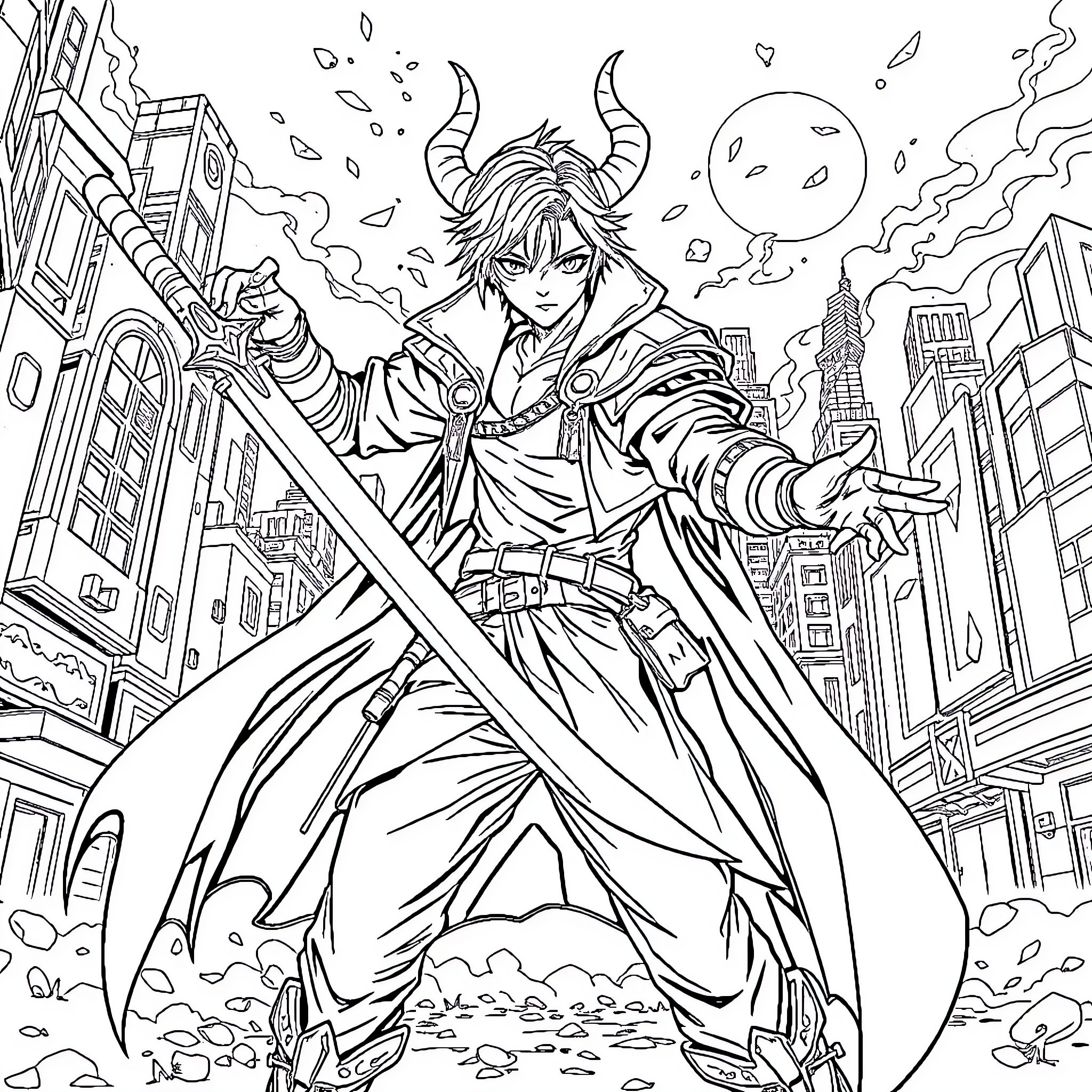 Demon Hunter battles with sword amidst destruction Coloring Page (free black-and-white line drawing printable PDF for all, from beginners to advanced learners, including children, teens, adults, and seniors)