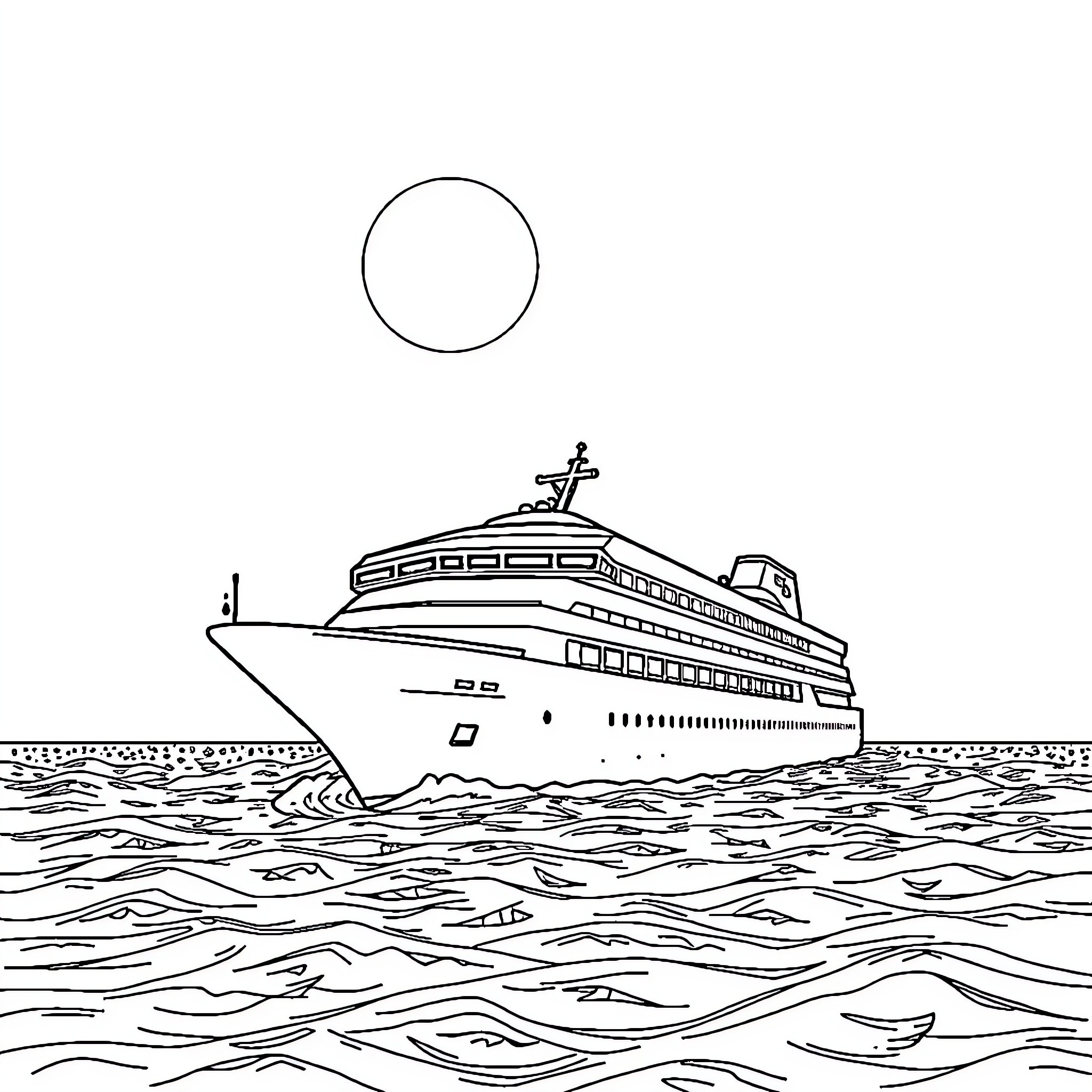 Cruise Ship Sailing Across Vast Ocean Coloring Page (free black-and-white line drawing printable PDF for all, from beginners to advanced learners, including children, teens, adults, and seniors)