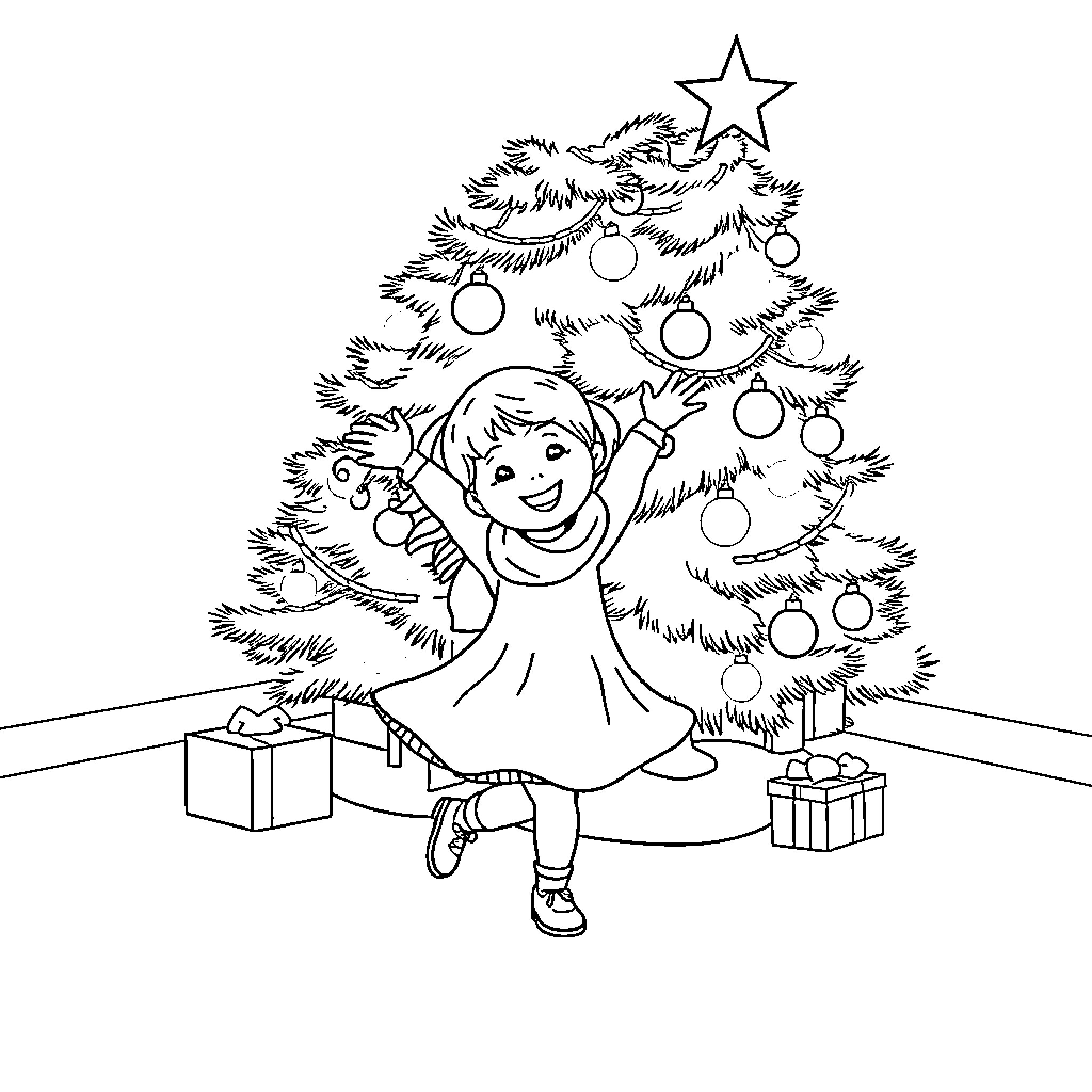 Girl joyfully decorating Christmas tree Coloring Page (free black-and-white line drawing printable PDF for all, from beginners to advanced learners, including children, teens, adults, and seniors)