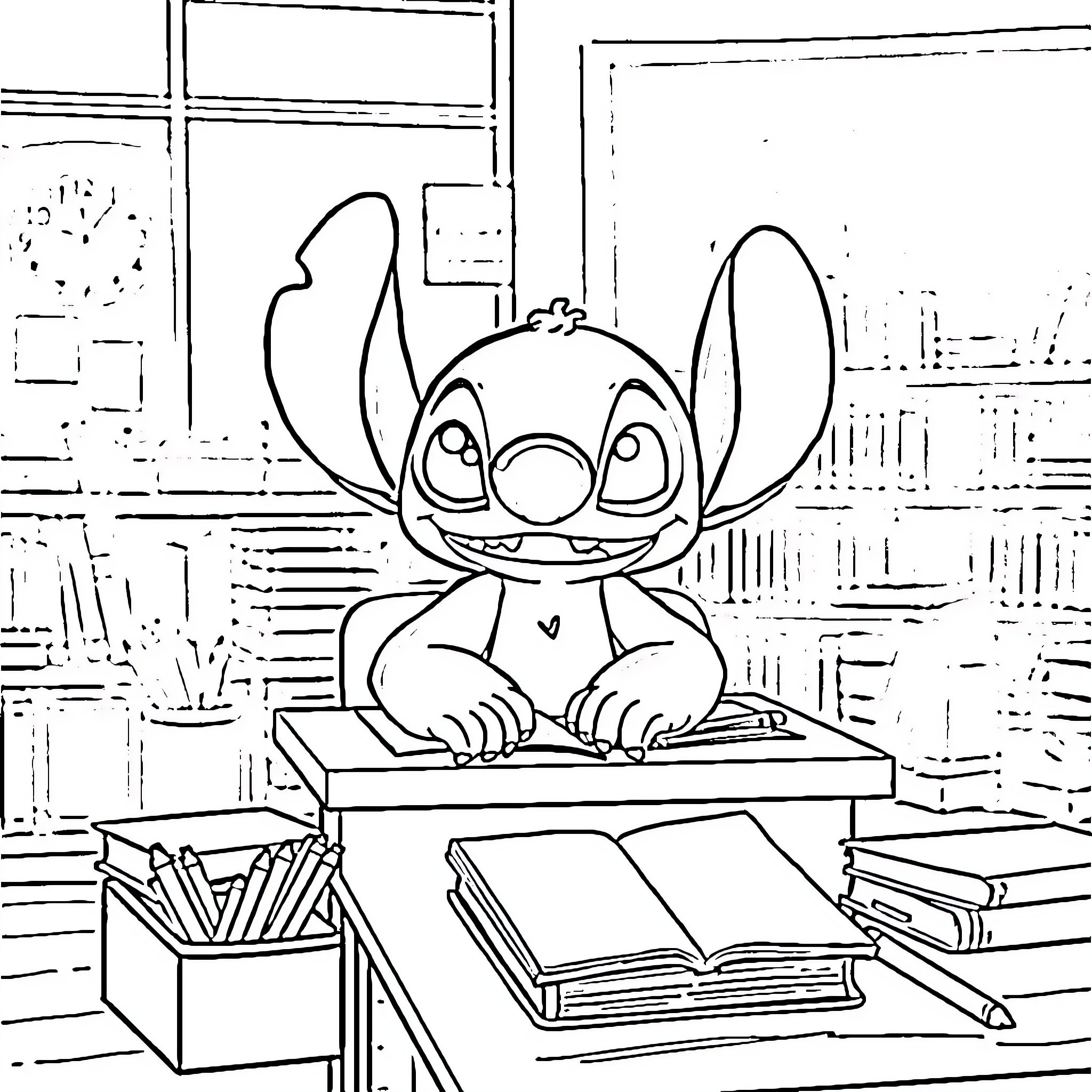 Stitch studying diligently in the classroom Coloring Page (free black-and-white line drawing printable PDF for all, from beginners to advanced learners, including children, teens, adults, and seniors)